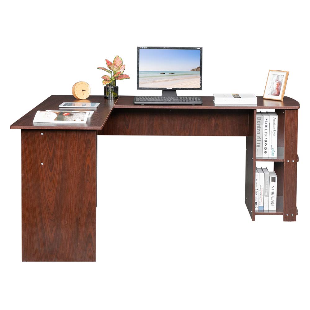 L-Shaped Computer Desk with Two-Tier Bookshelves - Dark Brown Wood Right-Angle Office Desk for Home & Workspace - Perfect for Small Spaces, Gaming Setup & Home Office Organization