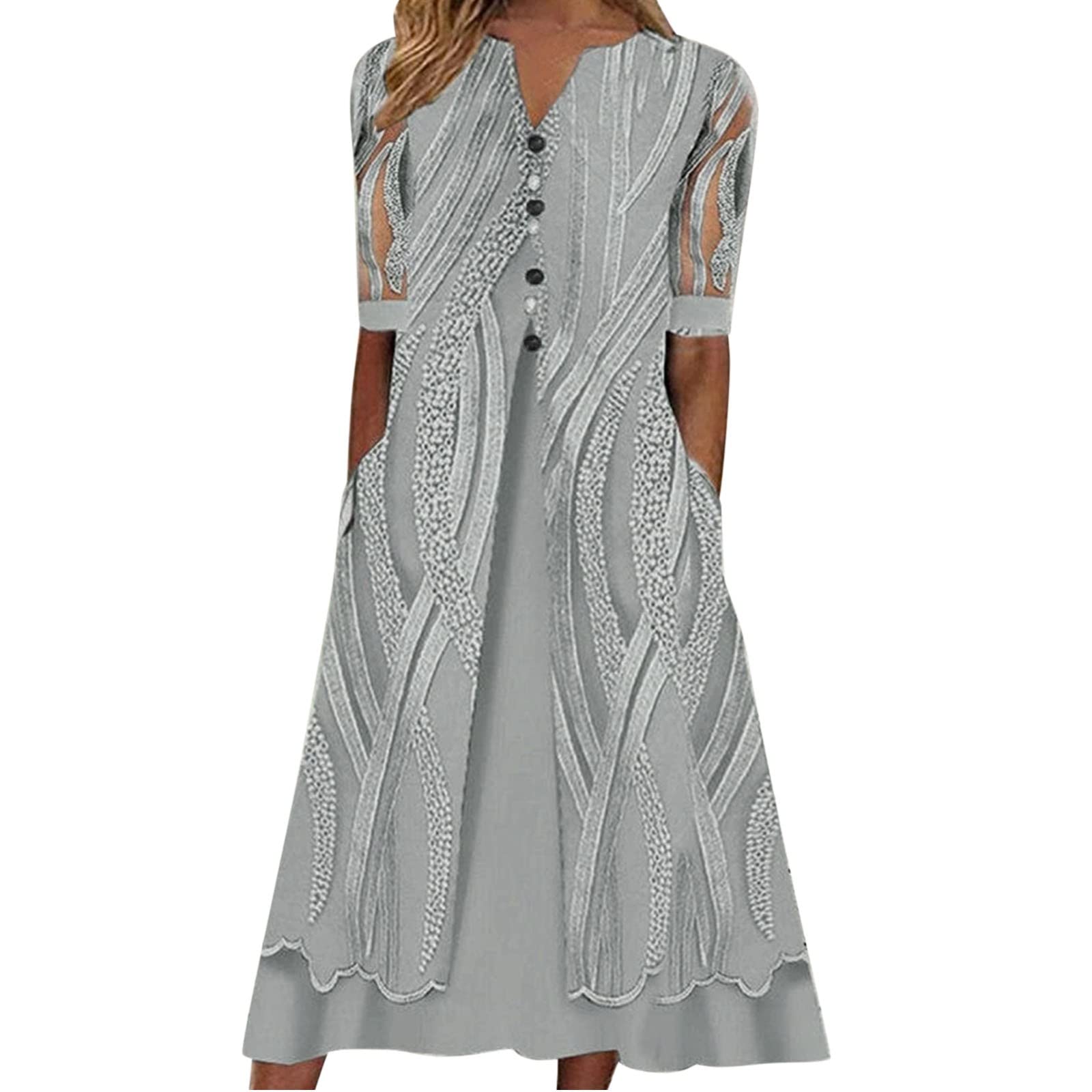 Women's Floral Print V-Neck Mesh Short Sleeve Loose Summer Dress with Button Pocket - Casual Beach Holiday Party Wear for Women