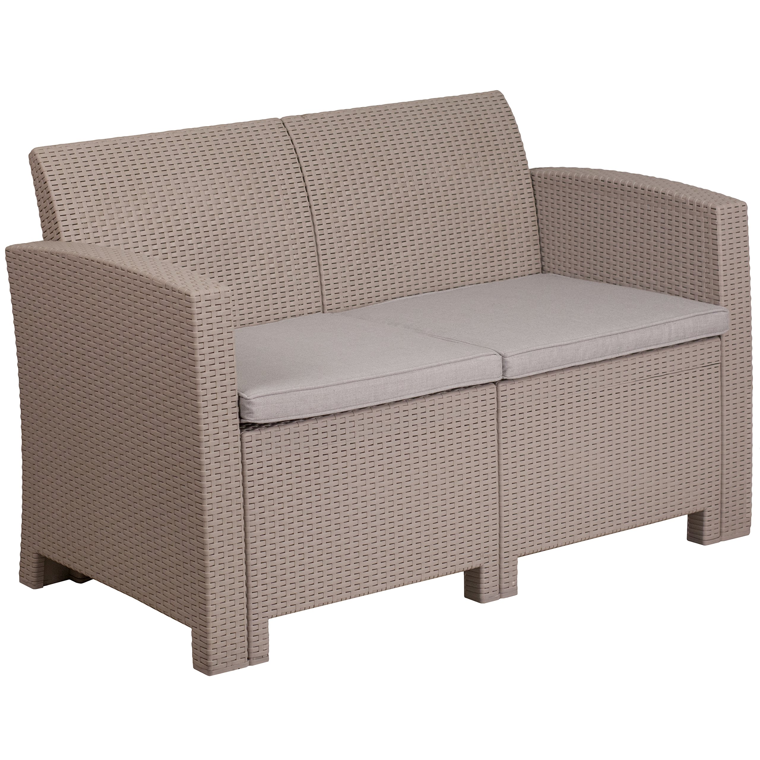 EMMA + OLIVER Light Gray Faux Rattan Loveseat with Cushions - Outdoor Patio Furniture for Garden, Porch & Balcony