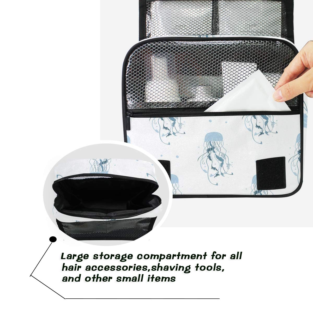 MOYYO Travel Hanging Toiletry Bag - Waterproof Cosmetic Organizer for Women | Portable Makeup Pouch with Blue Jellyfish Design | Perfect for Shower, Gym, Vacation & Daily Use