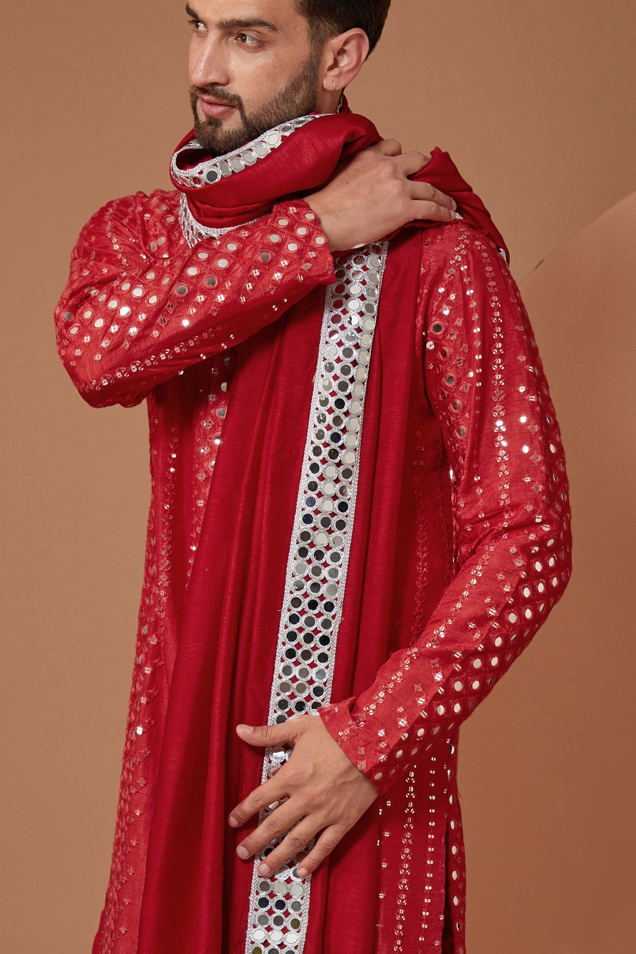 Elegant Red Mirror Work Kurta with Stole - Traditional Indian Embroidered Tunic for Women - Perfect for Festivals, Weddings & Special Occasions