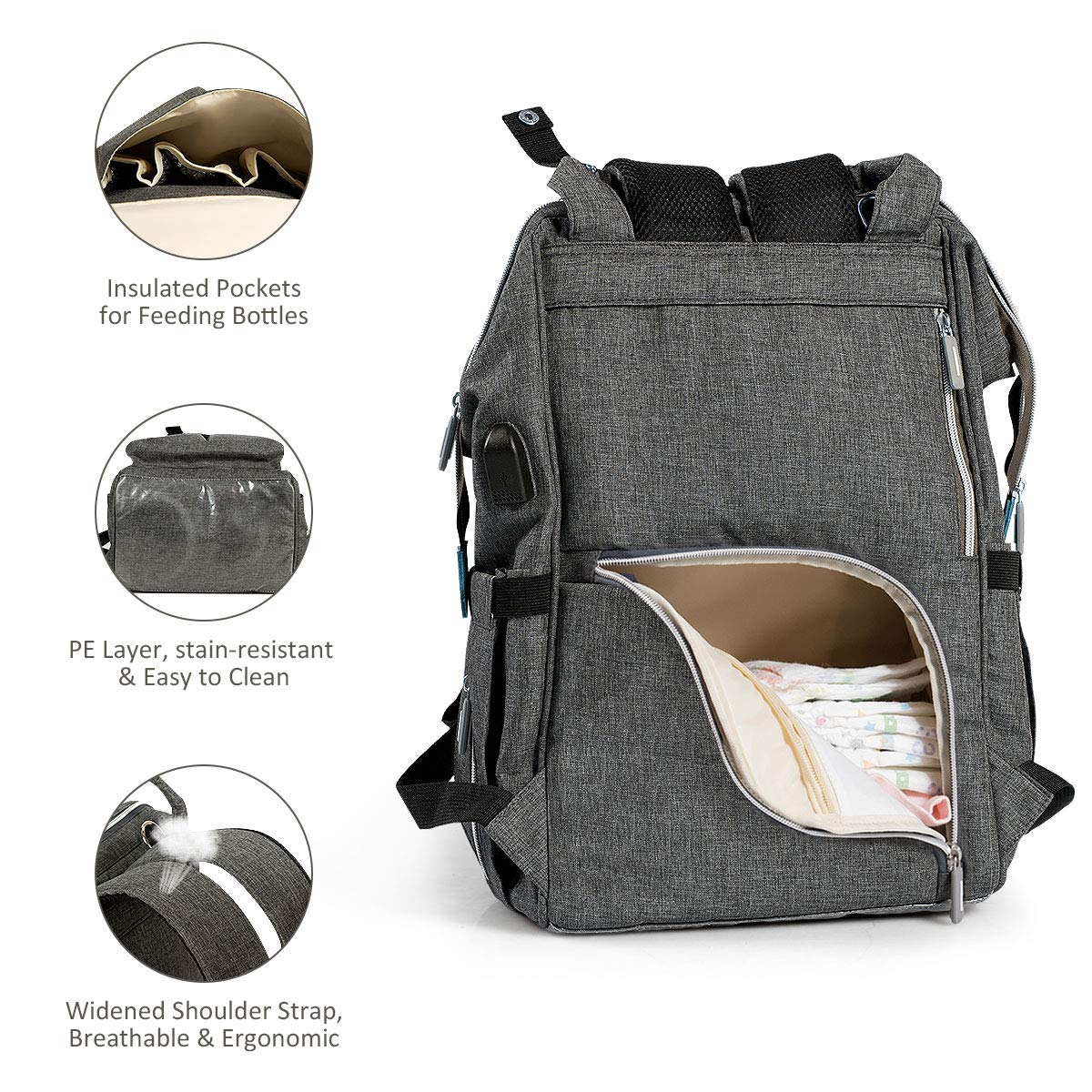 BABY JOY Waterproof Diaper Backpack - Large Capacity Multifunctional Baby Bag with Stroller Straps, Changing Pad & USB Charging Port - Perfect for Travel, Maternity & Everyday Baby Care (Gray)