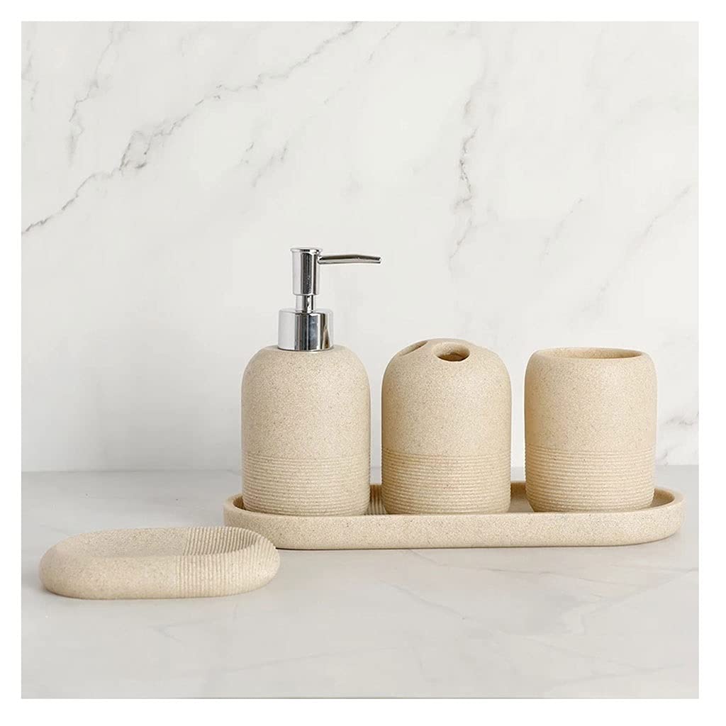 5-Piece Resin Bathroom Accessories Set - Soap Dispenser, Toothbrush Holder, Tumbler, Soap Dish & Tray - Elegant Beige Bathroom Organizer for Modern Homes, Spa-Like Experience