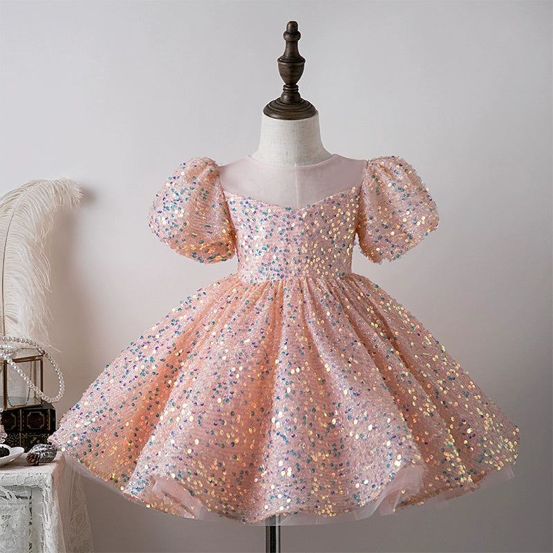 Pink Princess Round Tea Length Sequined Flower Girl Dress for Weddings, Bridal Showers & Special Occasions