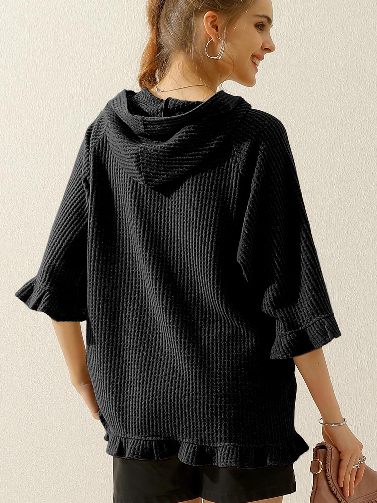 DOUBLJU Women's 2-Pack Oversized Hoodie Sweatshirt - 3/4 Ruffled Sleeve, Waffle Knit, Front Pocket, Loose Fit Casual Top for Workout, Lounge & Everyday Wear