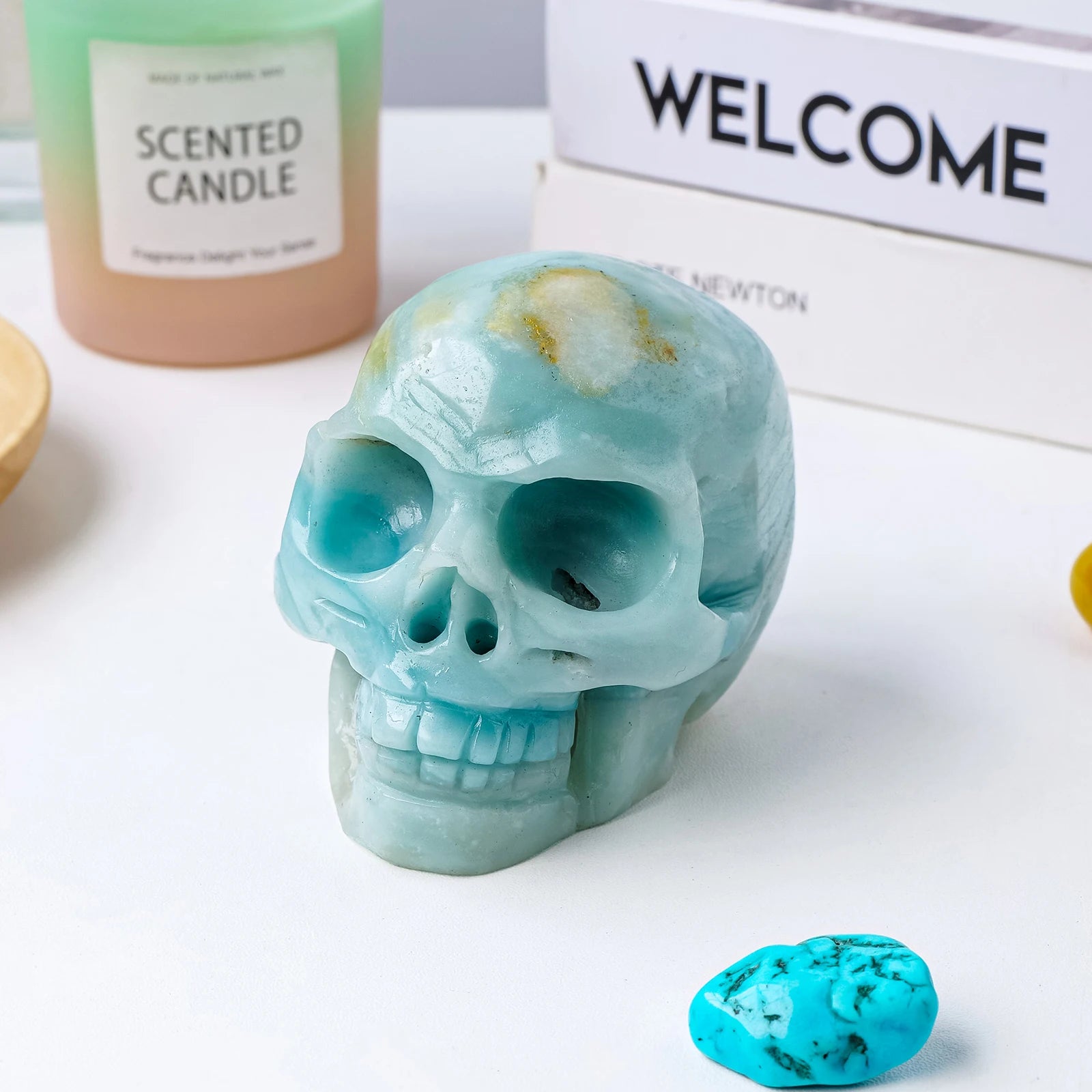 1PC Natural Blue Sky Amazonite Healing Crystal Skull - Feng Shui Stone for Positive Energy, Meditation & Home Decor - Perfect for Spiritual Healing, Office Desk & Gift Giving
