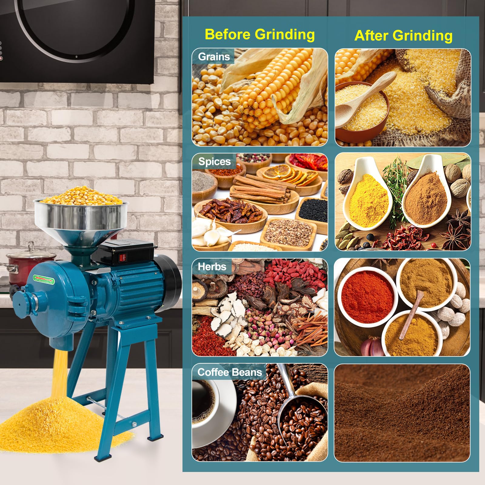 NAIZEA 3000W Electric Grain Mill Grinder for Corn, Wheat & Cereals - Heavy Duty Commercial Flour Machine with Funnel (110V, Wet & Dry Grinding) - Perfect for Home Baking, Bread Making & Animal Feed Preparation