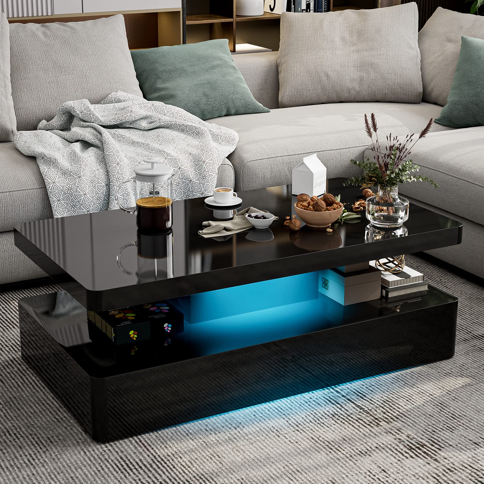 IKIFLY LED High Glossy Modern Coffee Table - 2-Tier Rectangle Design with 16 Color Changing Lights for Living Room, Black | Perfect for Home Decor, Parties & Nighttime Ambience