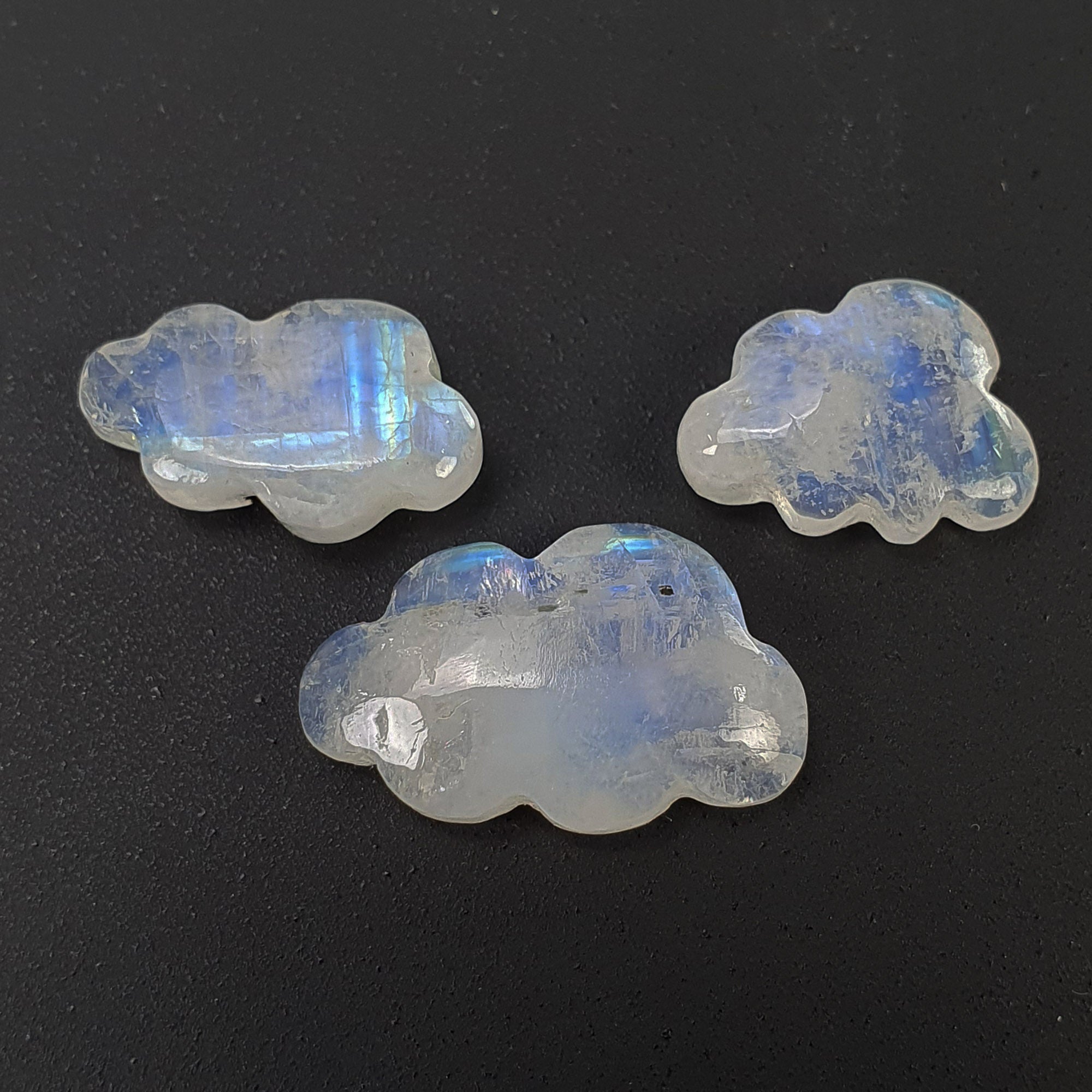 Natural Untreated Rainbow Moonstone Gemstone Carving - 15.70cts Hand Carved Cloud Shape (11x13mm, 15x10mm, 3 Pieces) | Healing Crystal, Jewelry Making, Meditation Stone | Includes Video