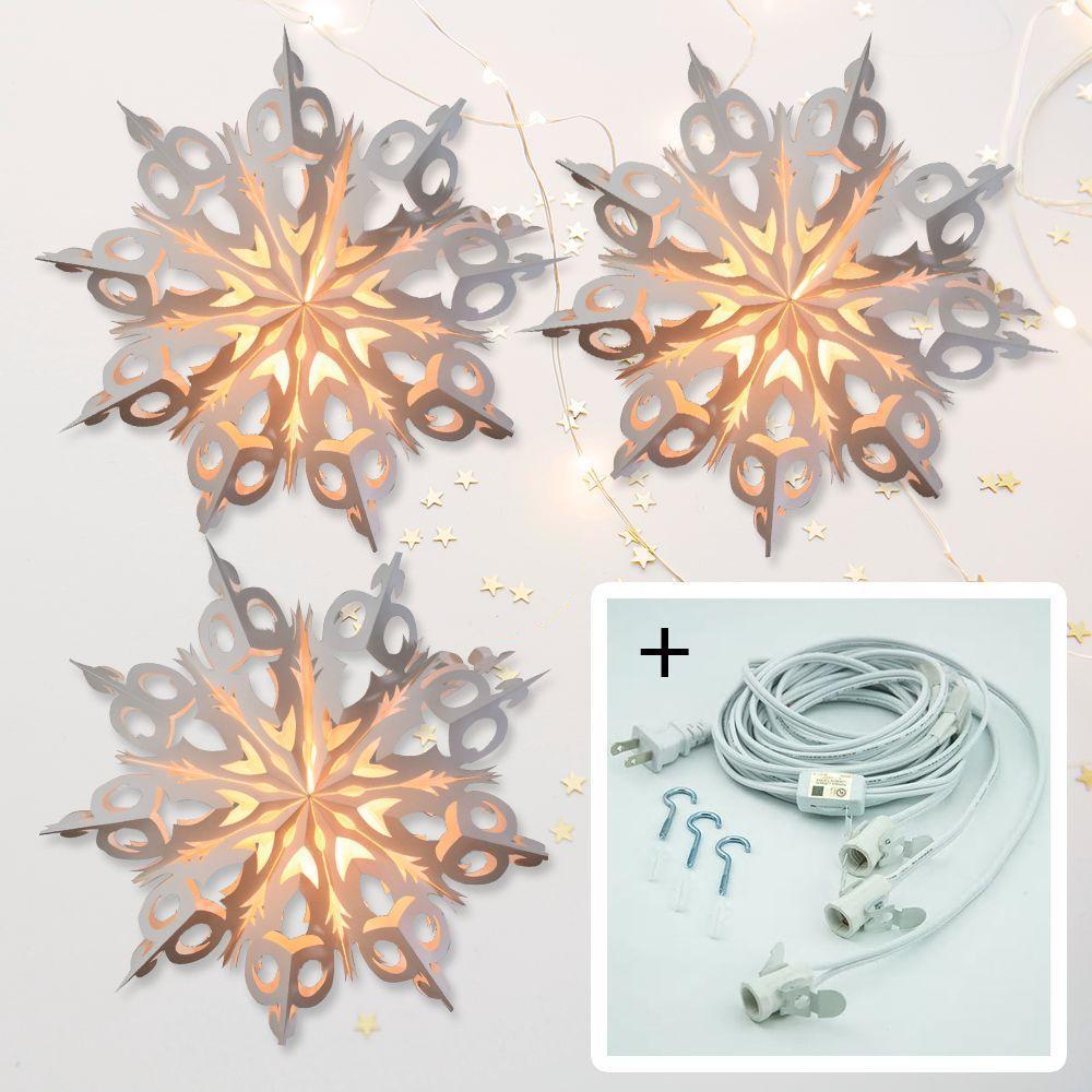 3 Pack White Winter Frozen 24 Inch Pizzelle Designer LED Star Lantern with Bulbs & Cord - Holiday Home Decor for Christmas, Parties & Indoor/Outdoor Lighting