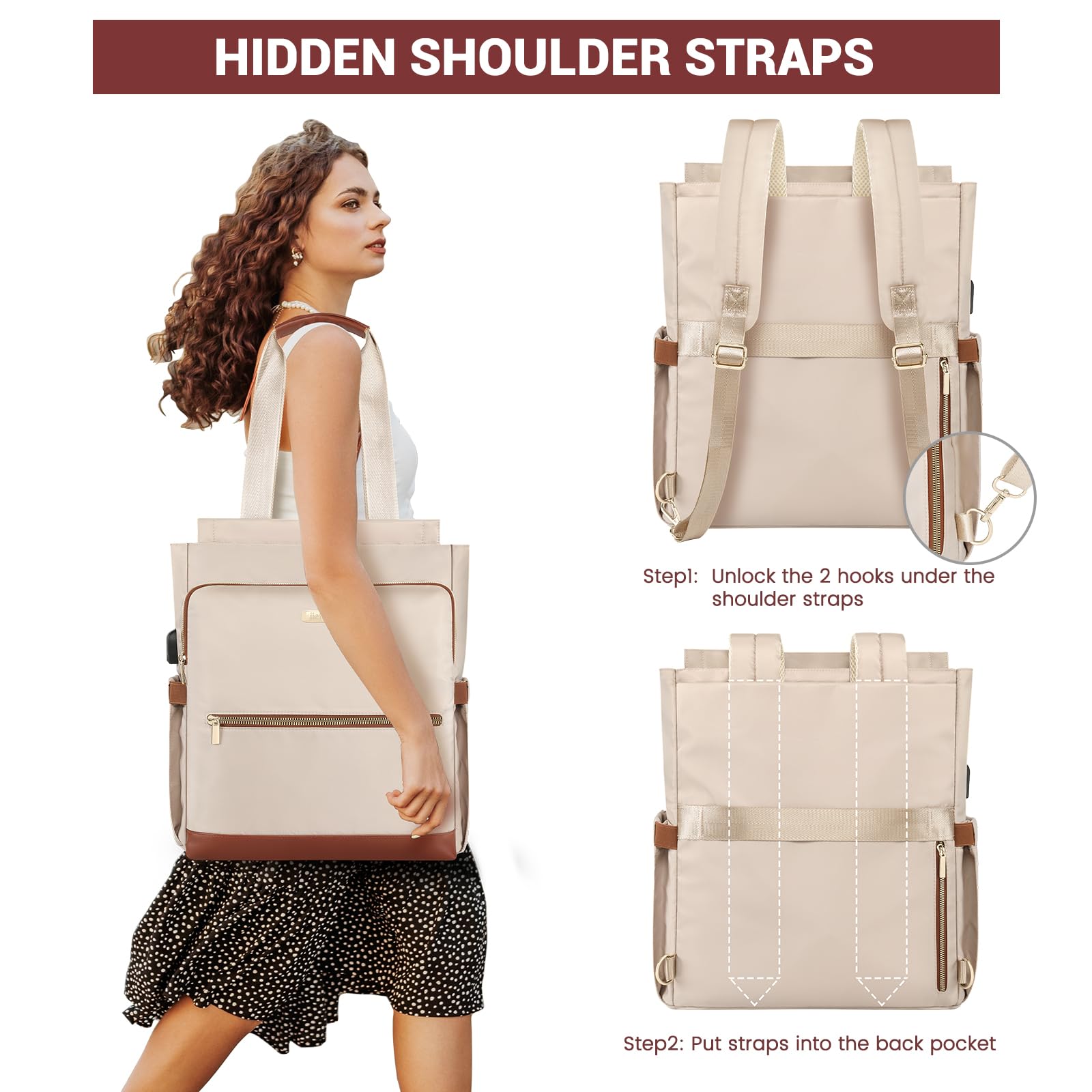 Stylish Women's 15.6 Inch Laptop Backpack with Hidden Straps & USB Port - Convertible Tote Bag for Work, College, Travel - Perfect for Teachers, Nurses & Daily Commute