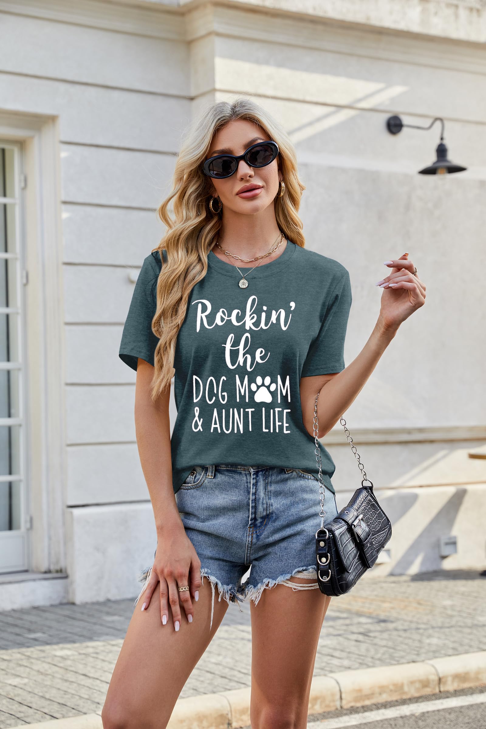 Funny Dog Mom T-Shirt for Women - Cute Dog Paw Graphic Tee - Rockin' The Dog Mom Aunt Life - Perfect Gift for Dog Lovers - Short Sleeve Top - Great for Casual Wear, Dog Parks & Pet Lover Events