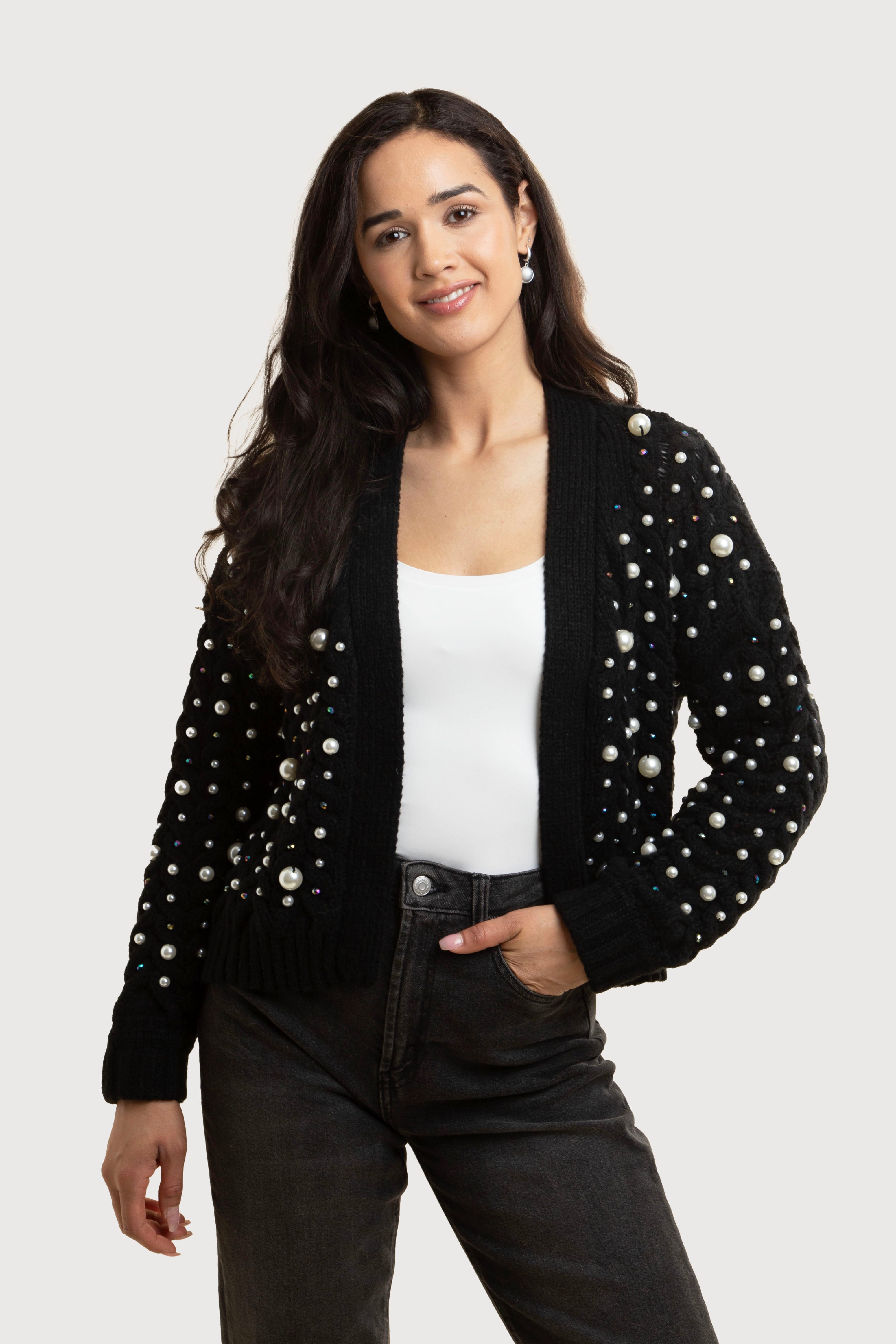 Elegant Holiday Cardigan with Pearl Knit Details - Perfect for Christmas Parties & Cozy Winter Evenings