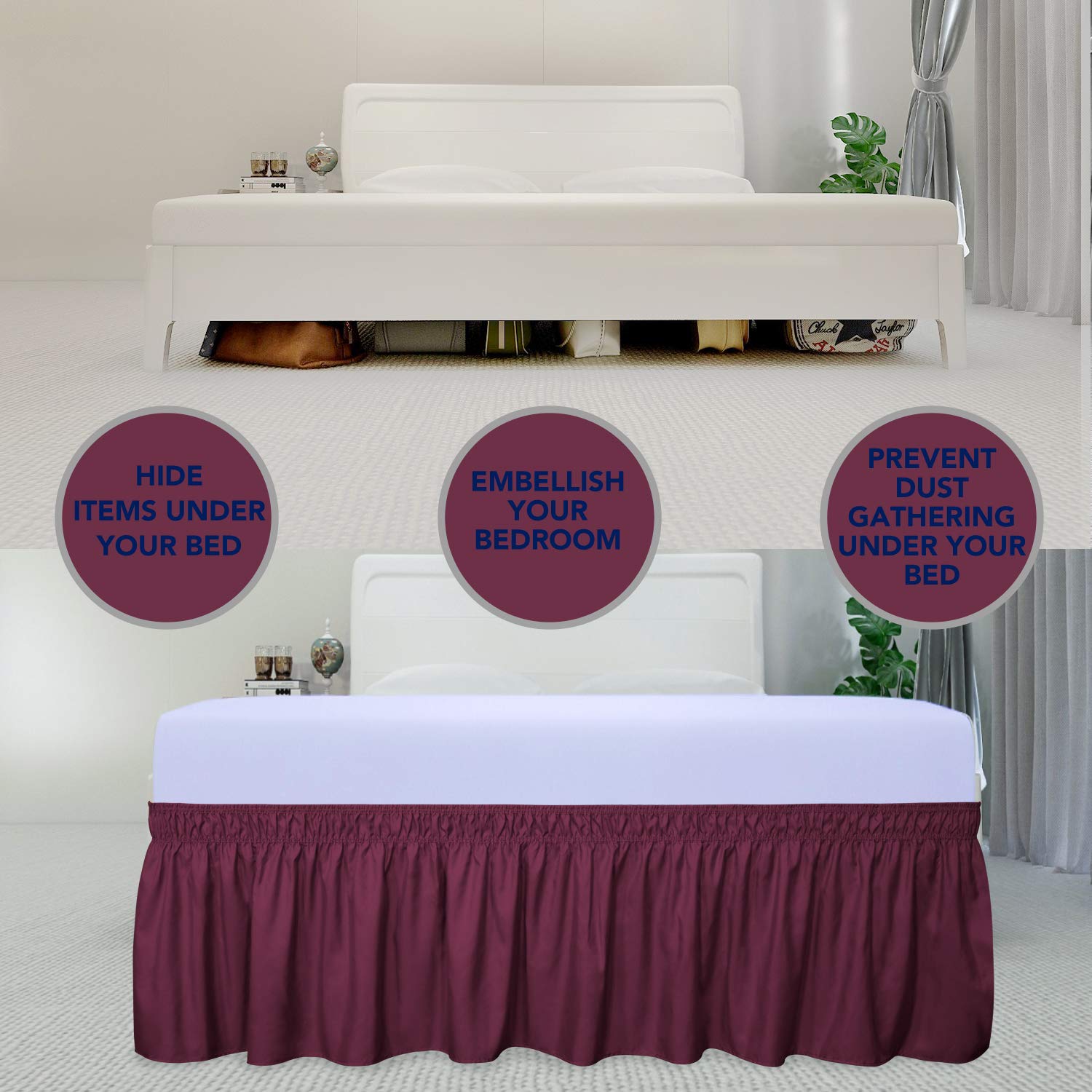 PureFit Wrap Around Ruffled Bed Skirt with Adjustable Elastic Belt - 14 Inch Drop Easy to Install Wrinkle-Free Dust Ruffle for Queen, King & California King Beds (Wine Red) - Perfect for Bedroom Makeover, Hotel Style Decor & Protecting Mattress Foundation