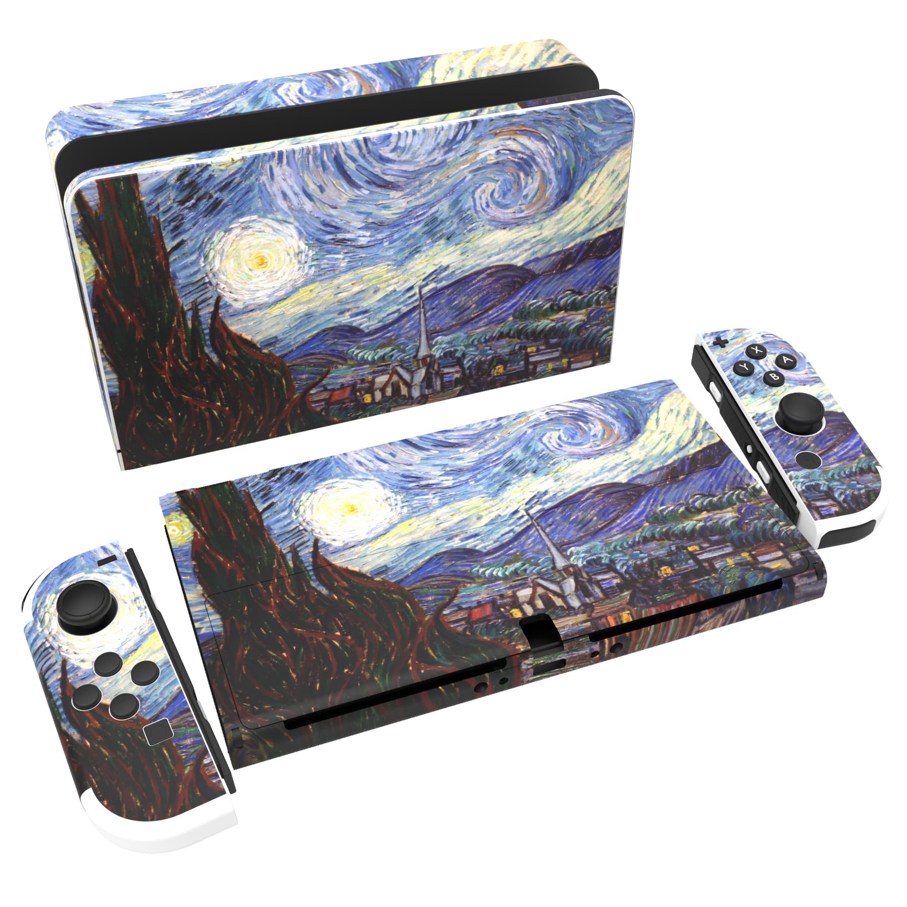 PlayVital Full Set Protective Stickers for Nintendo Switch OLED Model - Custom Vinyl Decal Skins for Switch OLED Console, Joycon, Dock & Grip - The Starry Night Design - Perfect for Gaming Protection and Personalization