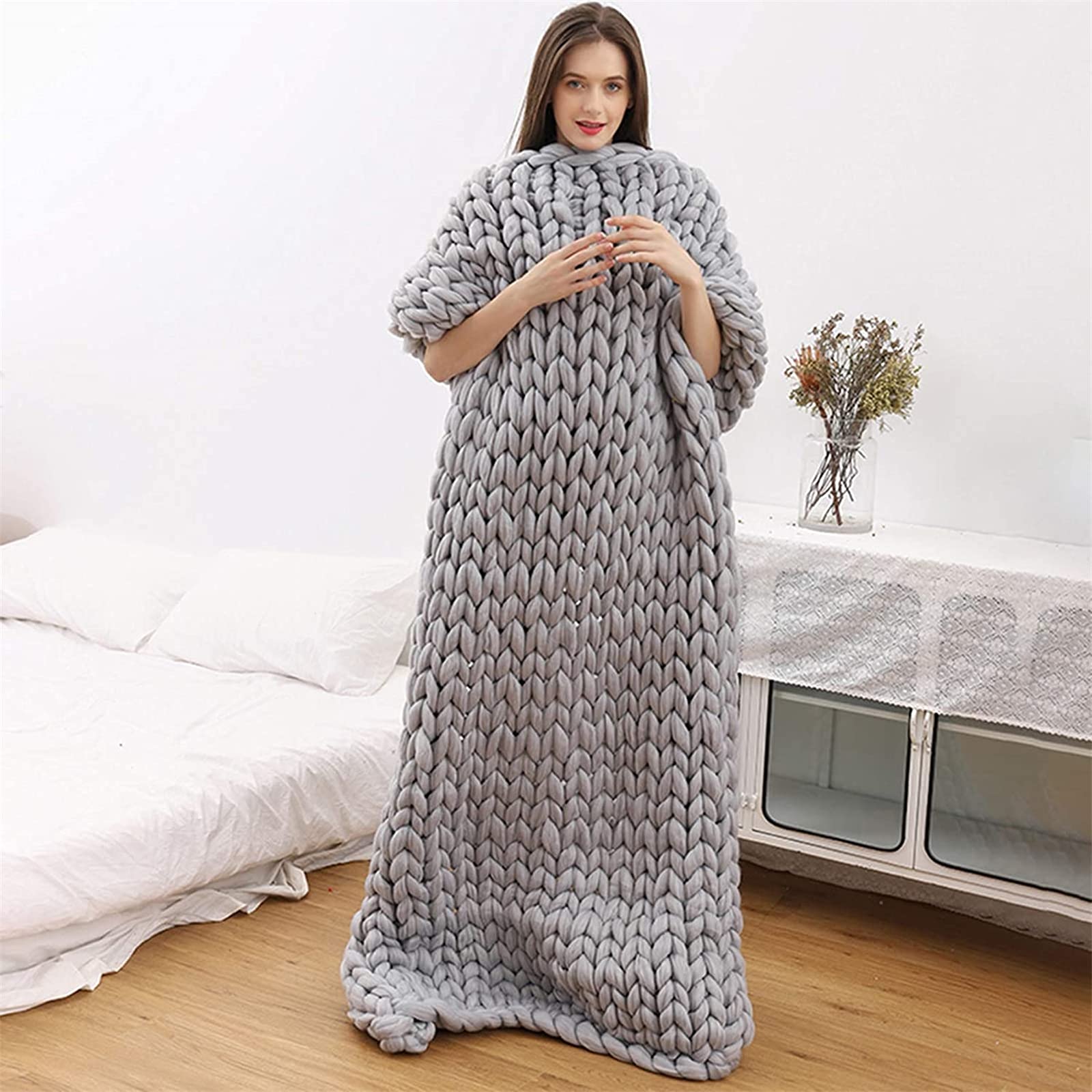 Handmade Chunky Knit Throw Blanket - Ultra Soft & Cozy Wool Blanket for Sofa, Bed, Yoga Mat - Warm Winter Home Decor Gift (Gray, 120x150cm) - Perfect for Living Room, Bedroom & Cozy Nights