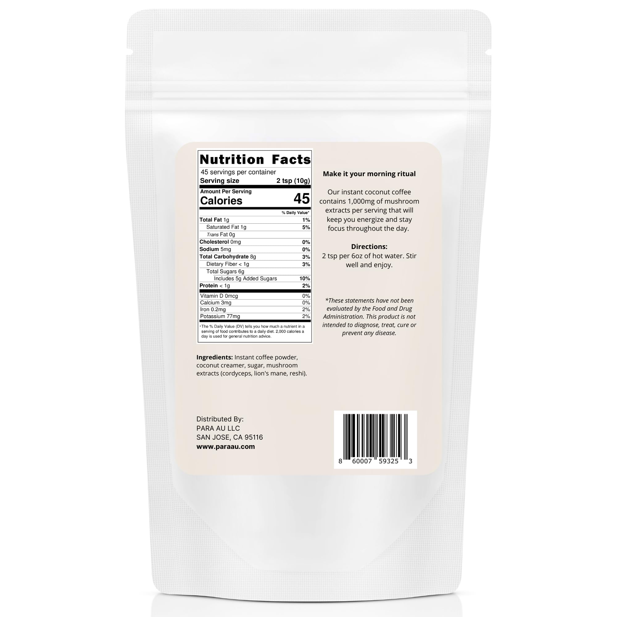 Nootropic Mushroom Coffee Blend with Cordyceps, Lion’s Mane & Reishi - 16oz Instant Coffee Powder with Coconut Milk | Boost Focus & Energy | Perfect for Morning Routine, Workouts and Mental Clarity