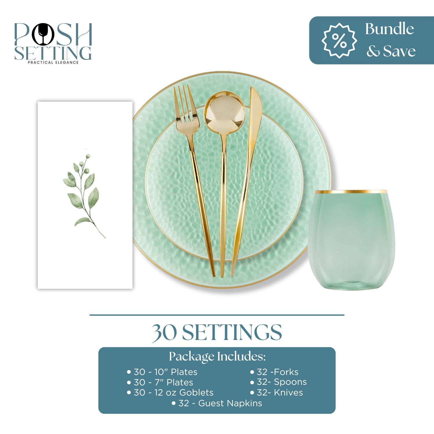Eco-Friendly Green & Gold Disposable Plastic Party Supplies Set - Premium Hammered Design for Birthday, Wedding & Holiday Celebrations