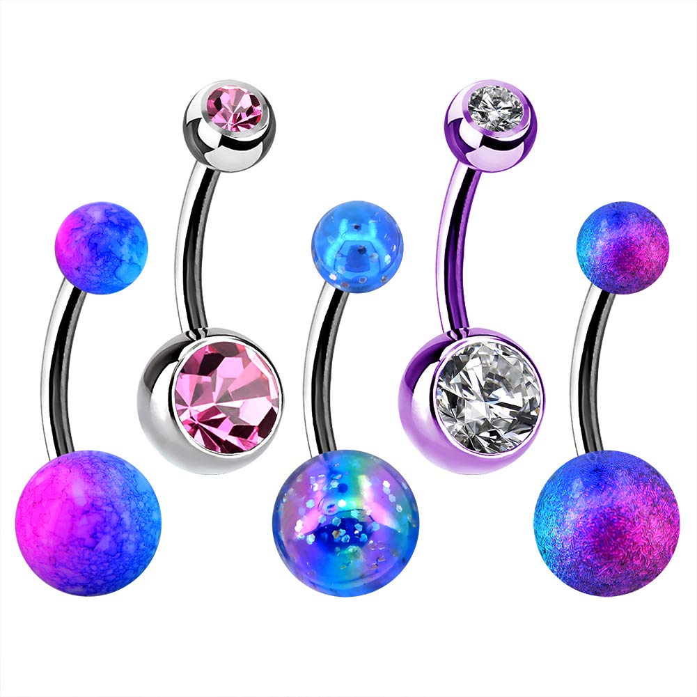 OUFER 14G Stainless Steel Belly Button Rings - Blue Purple Glitter Jewelry for Navel Piercing