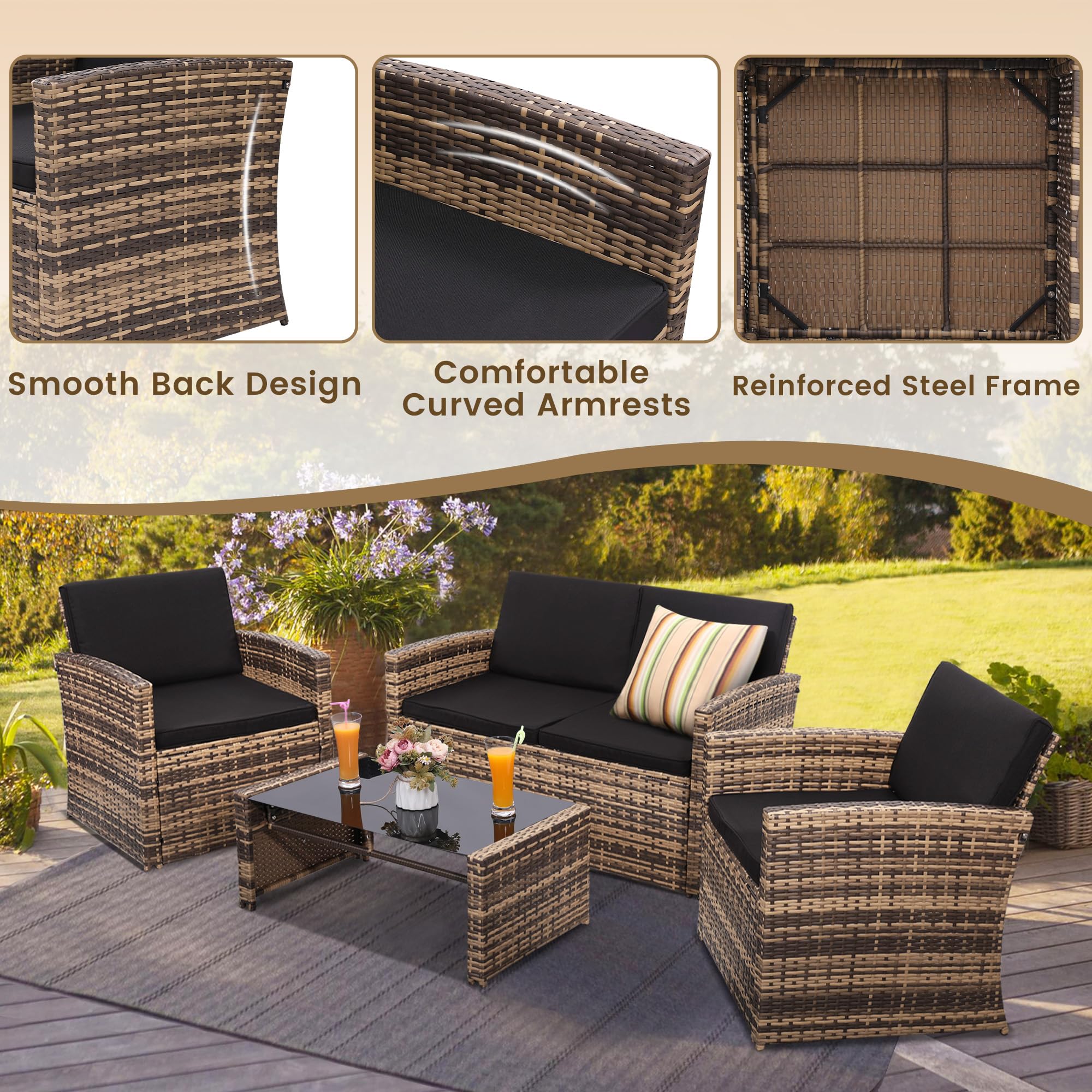 4-Piece Outdoor Patio Conversation Set - Wicker Sectional Sofa with 2 Chairs & Coffee Table - Natural Rattan Furniture with Black Washable Cushions - Perfect for Porch, Deck, Garden & Backyard Relaxation