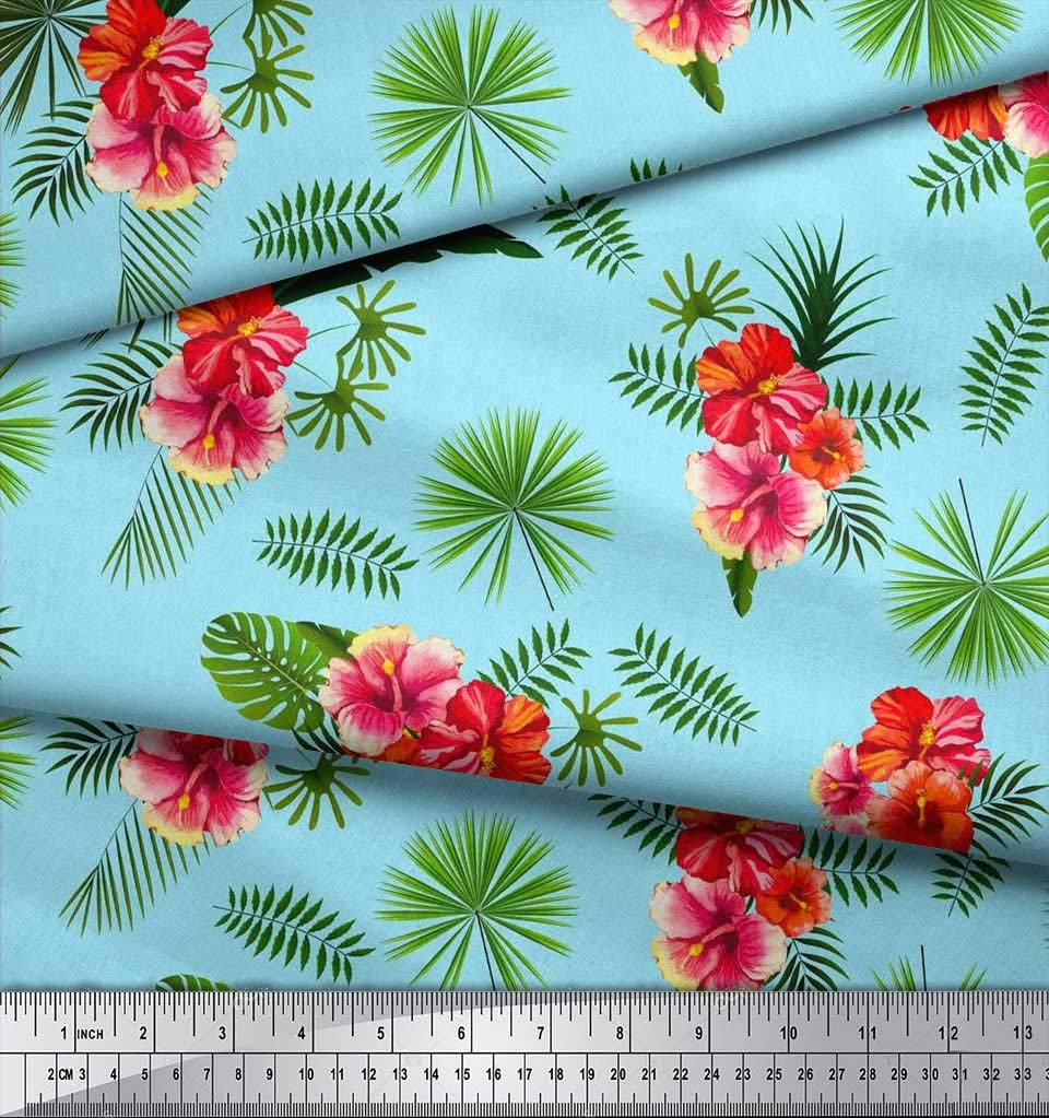 Soimoi 100% Cotton Jersey Fabric by The Yard - 58 Inch Wide - Blue Floral & Tropical Leaves Print - Soft & Breathable for DIY Dresses, Skirts, and Home Decor Projects