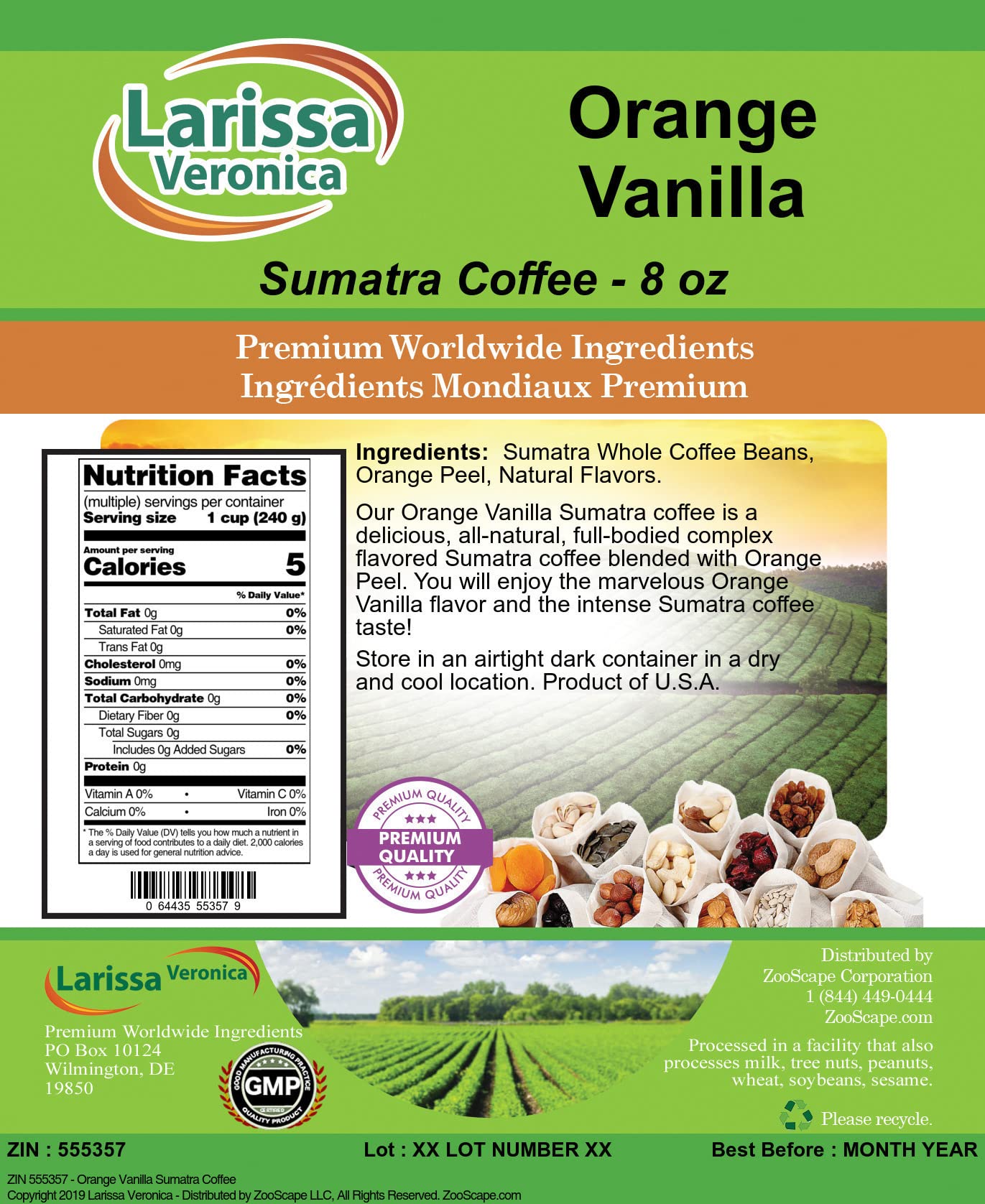 Premium Orange Vanilla Sumatra Coffee Beans - Gourmet Naturally Flavored Whole Bean Coffee - 8 oz Bag - Perfect for Home Brewing, Office Use & Gift Giving