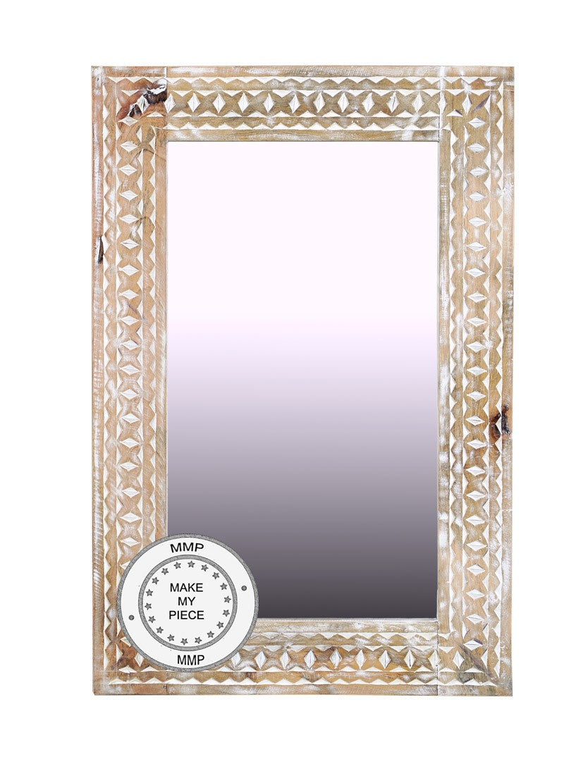 Hand Carved Indian Whitewashed Wooden Mirror - Boho Wall Decor for Bedroom, Living Room & Entryway - Vintage Style Home Furniture