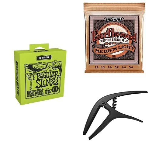 Ernie Ball Regular Slinky Electric Guitar Strings 3-Pack & Earthwood Phosphor Bronze Acoustic Strings with Black Satin Axis Capo - Perfect for Live Performances, Studio Recording & Guitar Maintenance