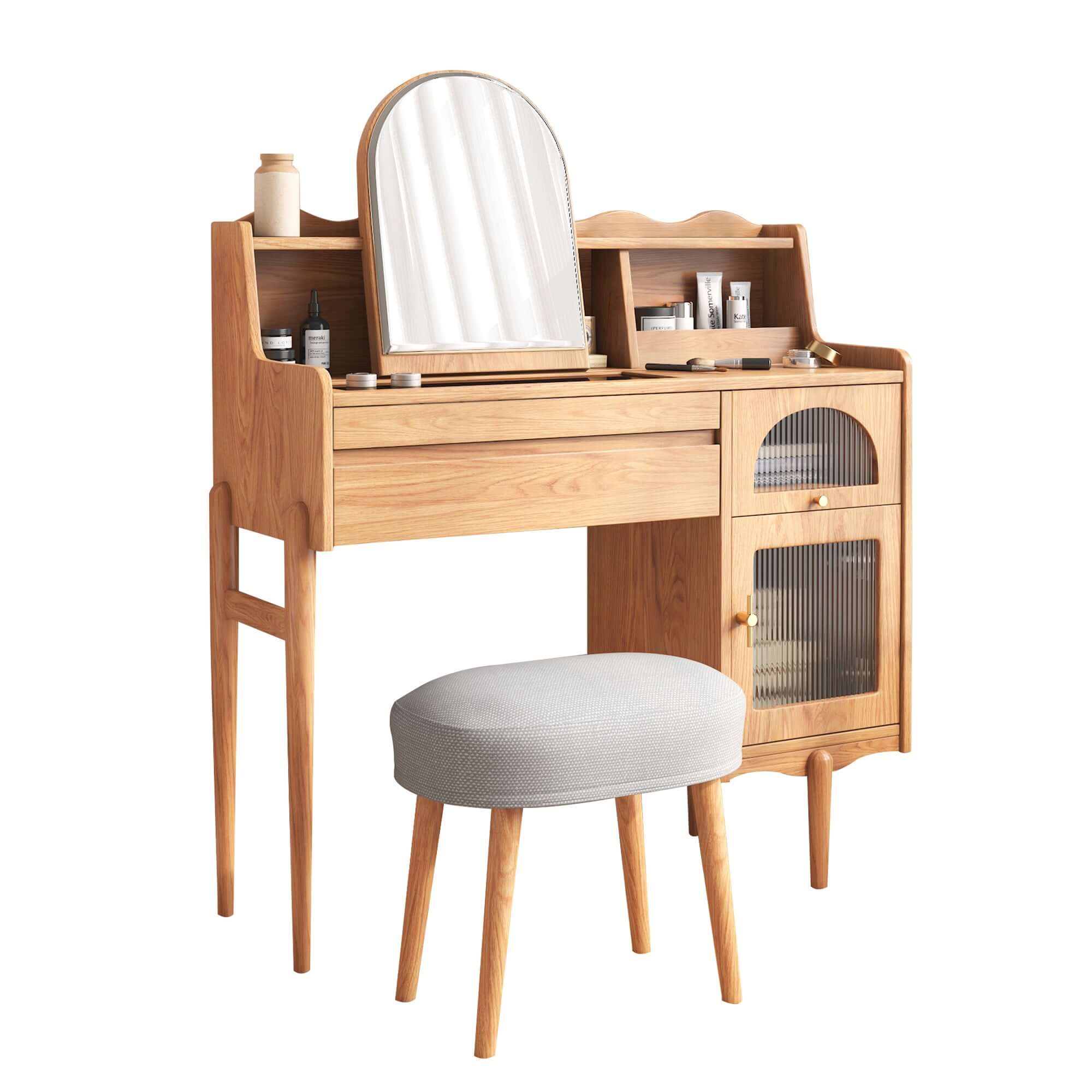 Elegant Wooden Makeup Vanity Table with Dressing Mirror, Drawers & Side Cabinet - Perfect for Bedroom, Dressing Room & Beauty Salon Organization