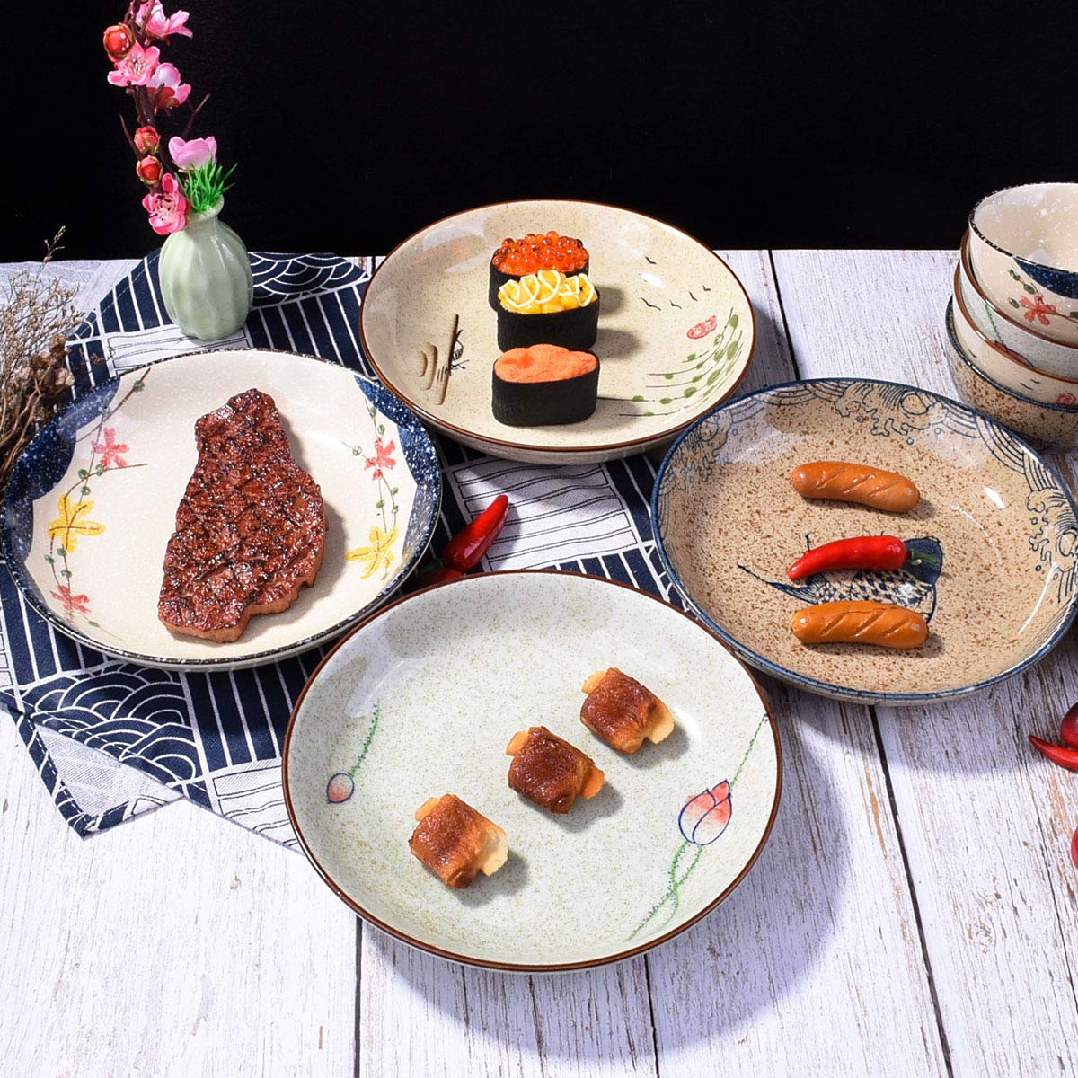 Vintage Japanese 8-Inch Porcelain Dinner Plates - Set of 4 Microwave Safe Ceramic Dishes for Home, Restaurant & Special Occasions