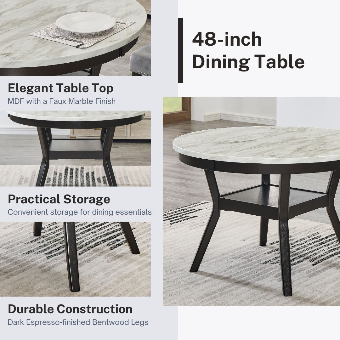 Roundhill Furniture 5-Piece Mella Dining Set - Round Faux Marble Table with 4 Velvet Parsons Chairs, Dark Espresso Finish - Perfect for Small Spaces, Breakfast Nooks & Modern Apartments