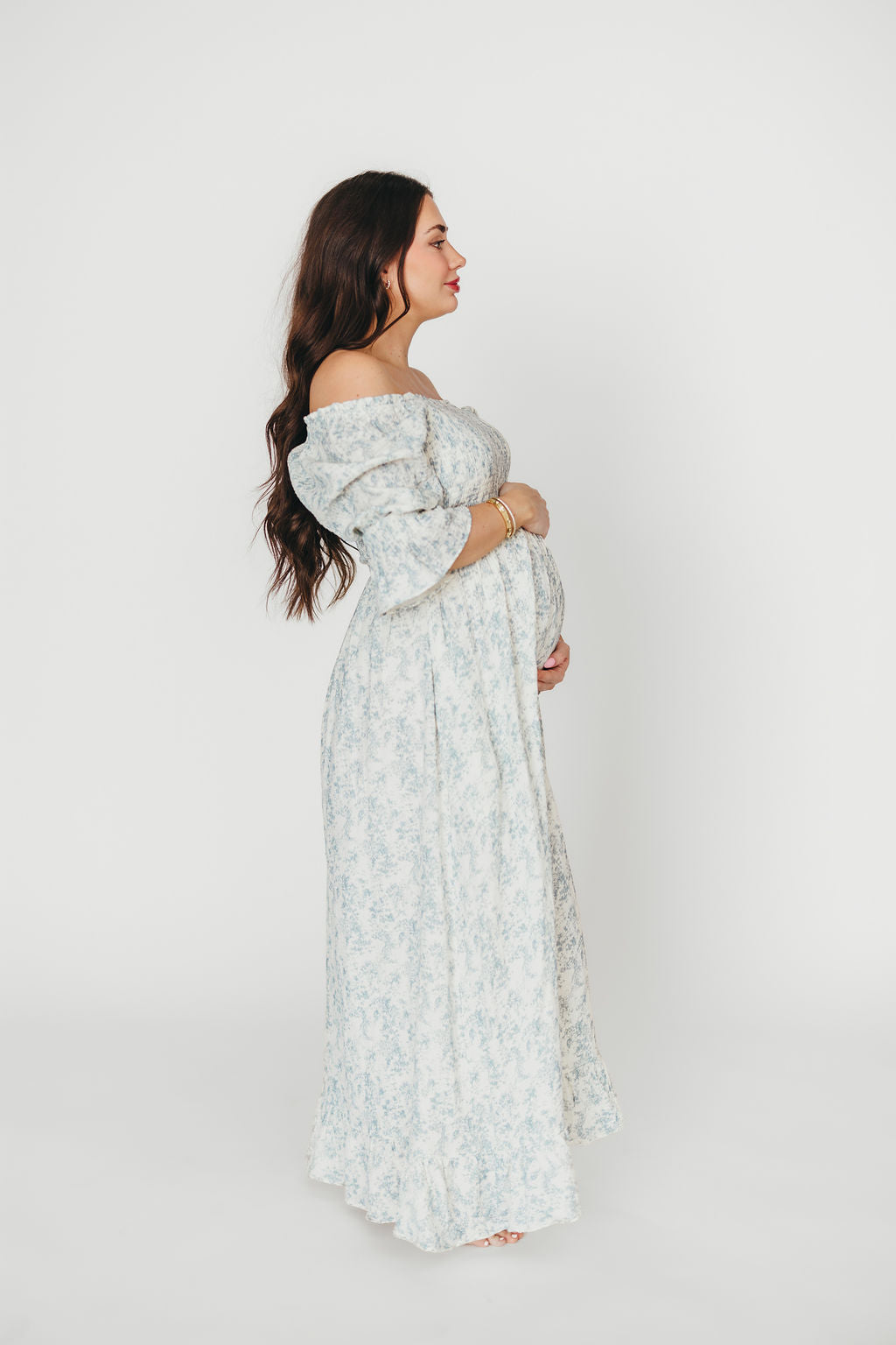 Sienna 100% Cotton Puff Sleeve Maxi Dress - Blue Floral Print Maternity Dress for Pregnancy | Bump Friendly, Comfortable & Stylish for Summer, Beach, Vacation & Special Occasions