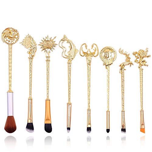 Game of Thrones Inspired 8-Piece Makeup Brush Set - Soft Synthetic Fiber Bristles with Metallic Gold Handle for Eyeshadow, Foundation, Blending & Lips - Perfect Gift for Women & Teens - Ideal for Cosplay, Halloween & Fantasy Makeup Looks