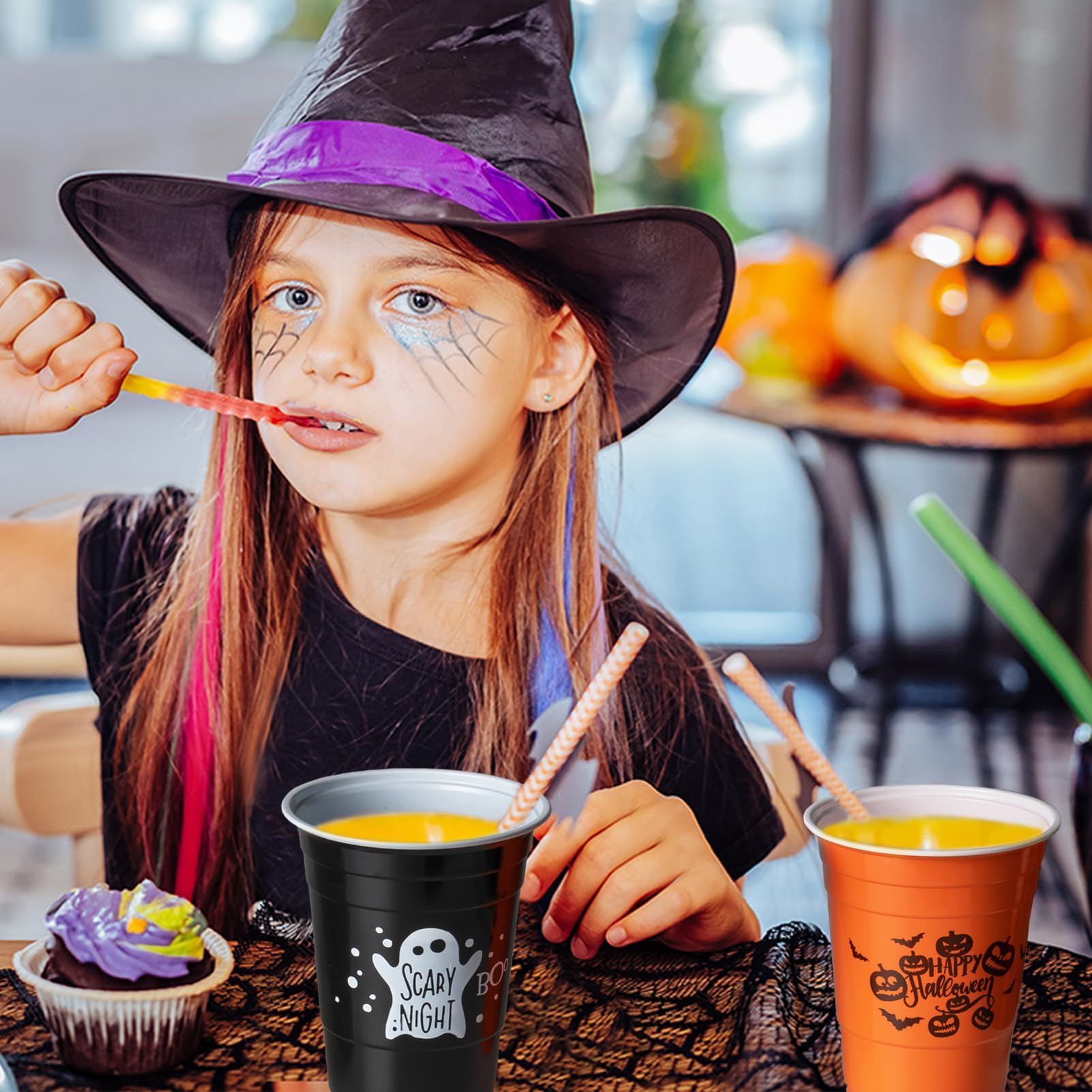 GuassLee 50 Pack Halloween Disposable Cups - 16Oz Colorful Plastic Party Cups Set (5 Styles) for Halloween Party, Coffee, Wine, Hot & Cold Drinks - Perfect for Halloween Celebrations, Office Parties, and Family Gatherings