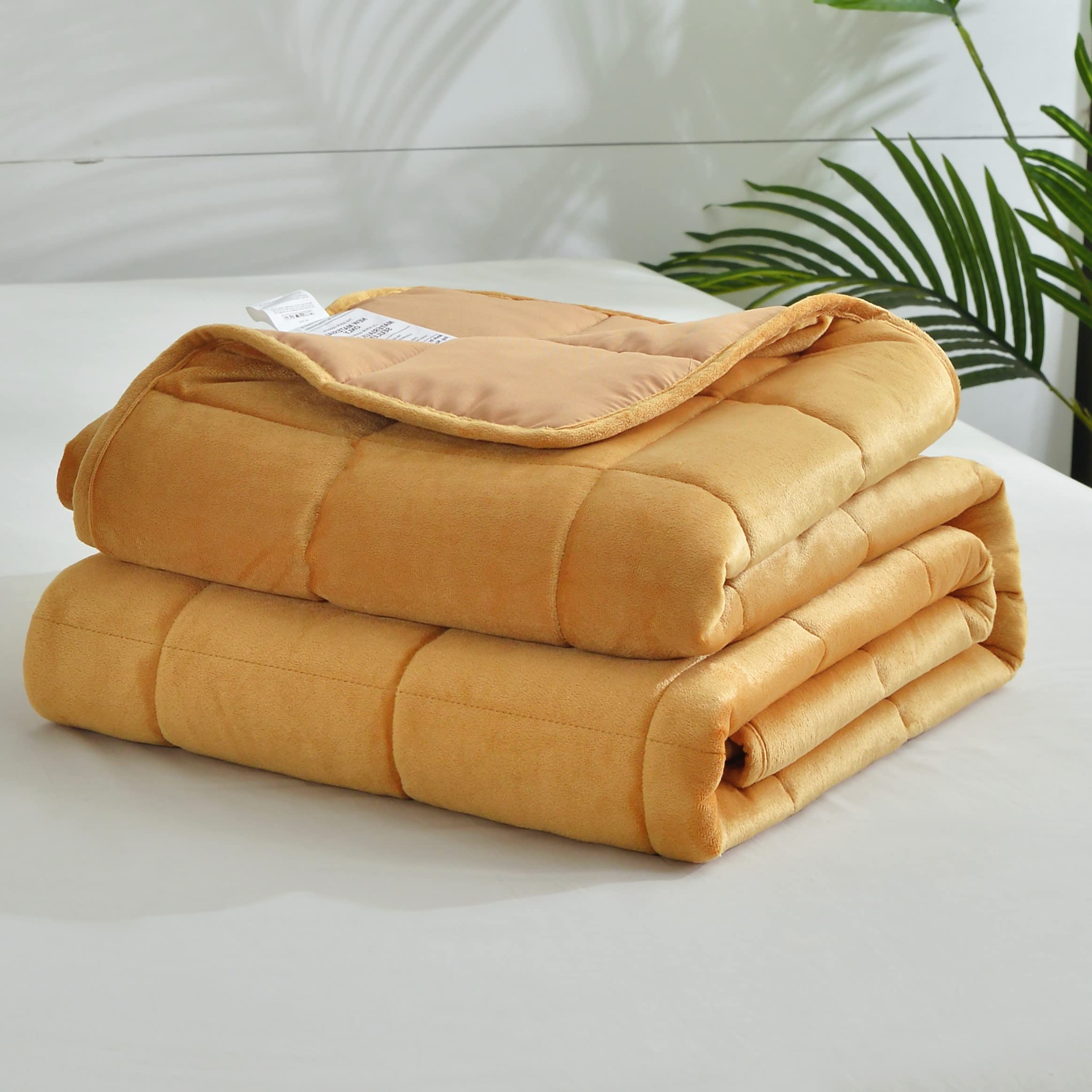 ECM Solid Velvet Microfiber Reversible Quilted Oversized Weighted Blanket - 25 lbs Heavy Comforter for All Seasons | California King Size in Gold | Perfect for Stress Relief, Anxiety & Better Sleep