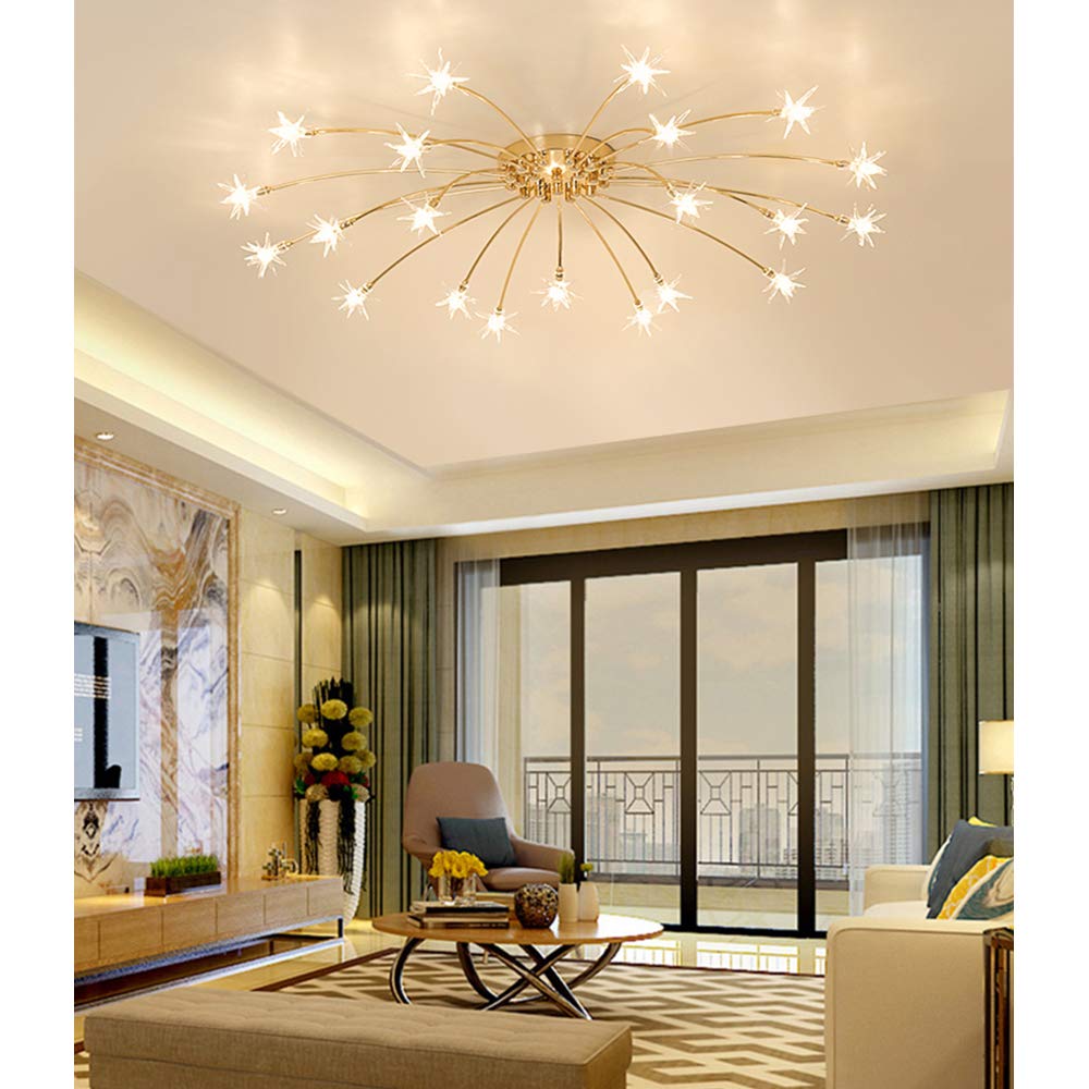 Gold Glass Chandelier Ceiling Light - LED Flush Mount Starry Pendant Lamp with Gypsophila Design for Living Room, Bedroom, Dining Room & Hallway - Elegant Lighting Fixture for Home Decor, Kitchen & Foyer