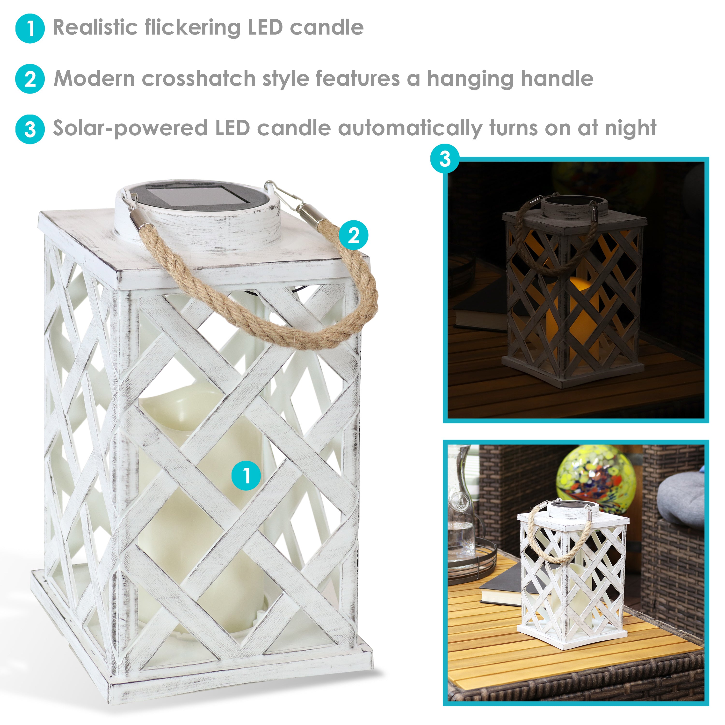 Sunnydaze Modern Crosshatch Outdoor Solar Decorative Candle Lantern - Waterproof Garden Patio Deck Decor for Parties, Weddings & Backyard Lighting