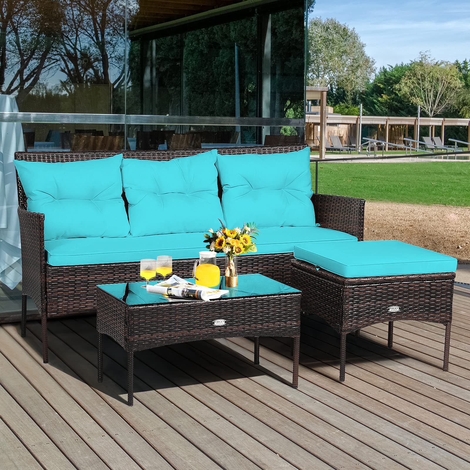 Outdoor Rattan Conversation Set - 3 Piece Patio Furniture with Tempered Glass Coffee Table, 5 Elastic Seat & Back Cushions, Sectional Sofa for Poolside, Balcony, Backyard | Perfect for Relaxing, Entertaining & Outdoor Gatherings