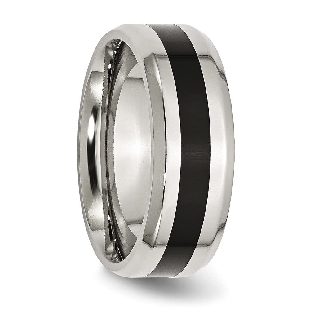 Diamond2Deal 8mm Stainless Steel Black Enamel Polished Beveled Edge Band Ring for Men & Women - Perfect for Weddings, Anniversaries, and Everyday Fashion Jewelry