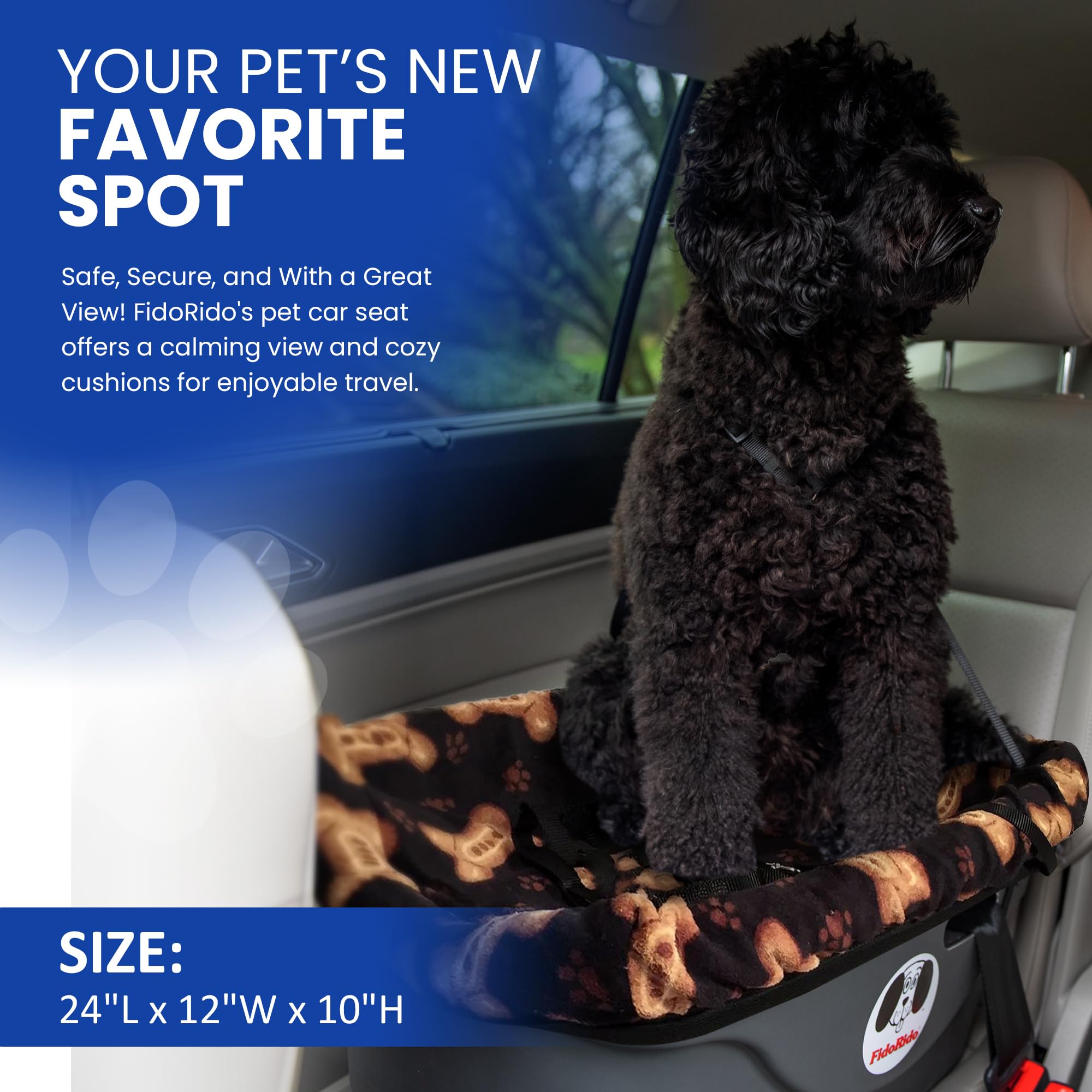 Dog Car Seat for Small to Large Dogs - Pet Booster Seat with Comfortable Cushions, Sherpa Cover & Safety Straps | Easy to Install Travel Accessory | Perfect for Road Trips, Vet Visits & Daily Commutes | Medium Harness in Black with Tan Bones Design
