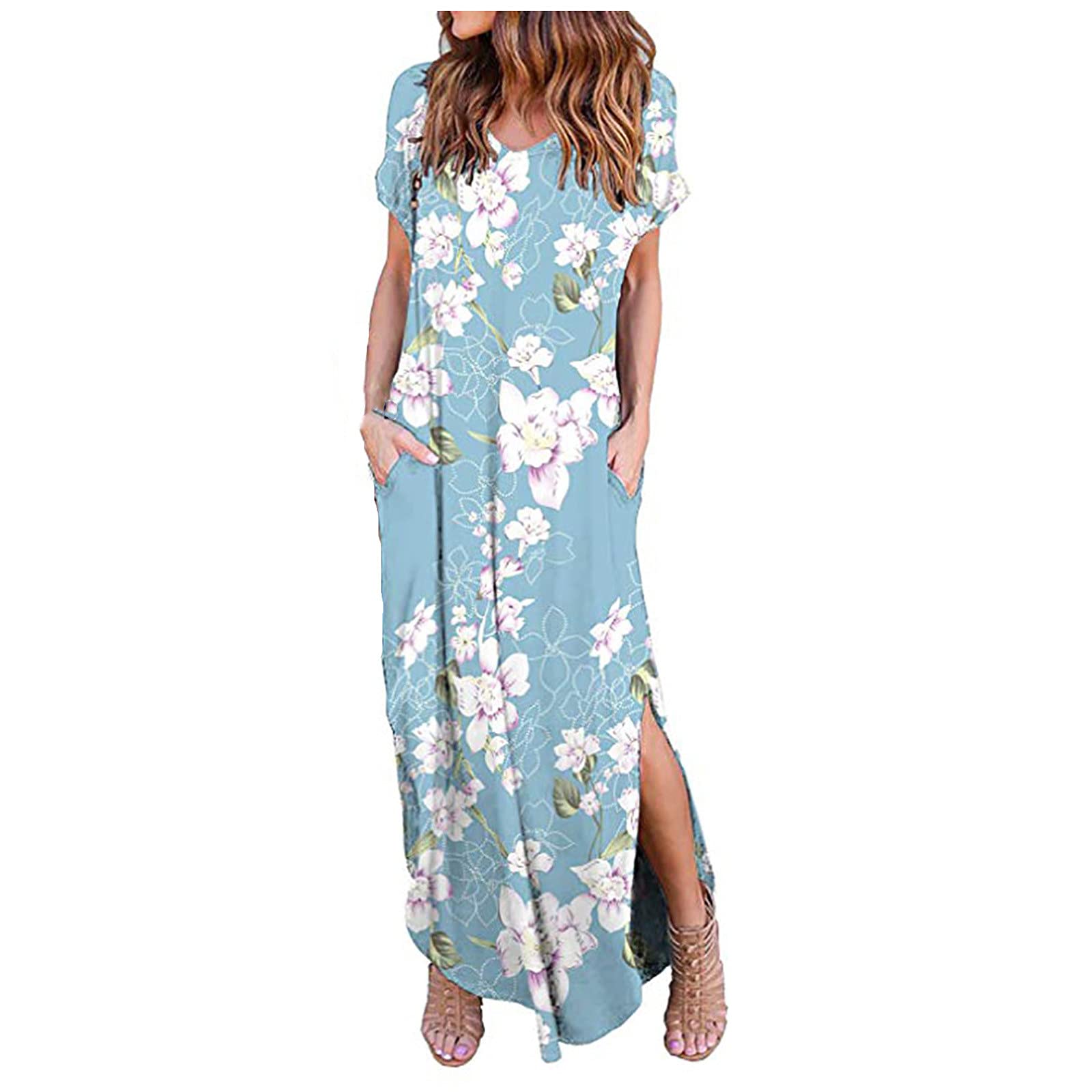 2021 Fashion Summer Women's Maxi Dress - V-Neck Casual Loose Floral Print Short Sleeve Long Skirt Dress for Beach, Vacation & Outdoor Parties