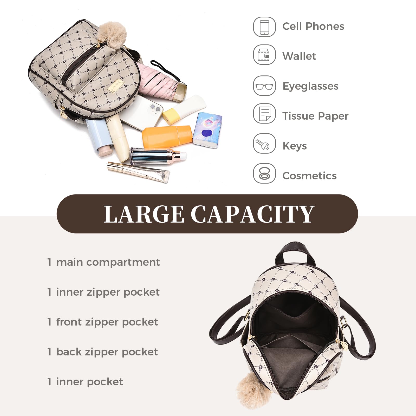 IHAYNER Girls Fashion Backpack - Genuine Leather Mini Backpack Purse for Women & Teens, Cute Satchel School Bag with Pompom, Perfect for Travel, Daypack & Daily Use