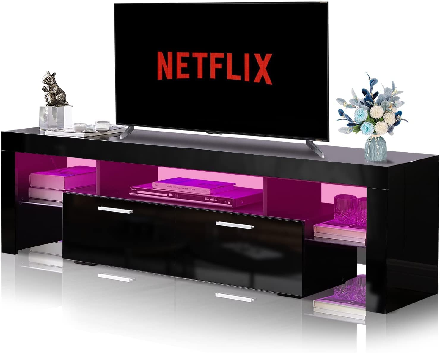 Modern Black TV Stand with LED Lights - High Gloss Entertainment Center for 70 Inch TVs, 2 Flip-Down Drawers & Open Shelves - Media Console Storage Desk for Living Room, Bedroom, or Home Theater Setup