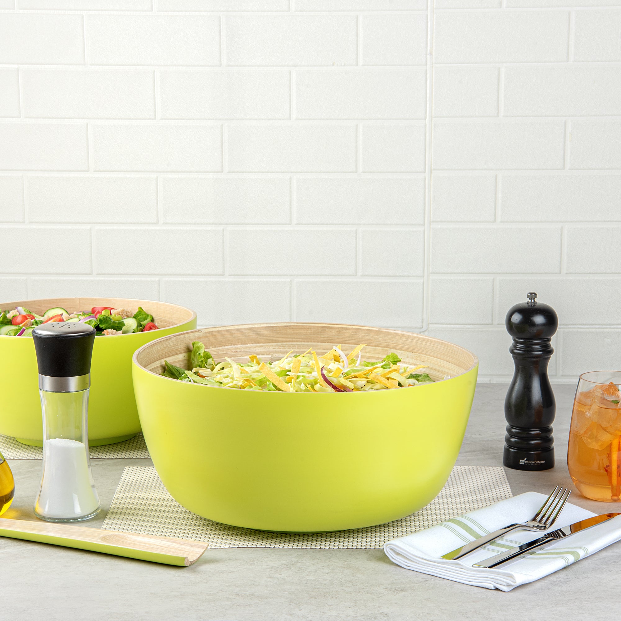 Bambuddha 51 oz Large Round Green Spun Bamboo Salad Bowl - 13.5