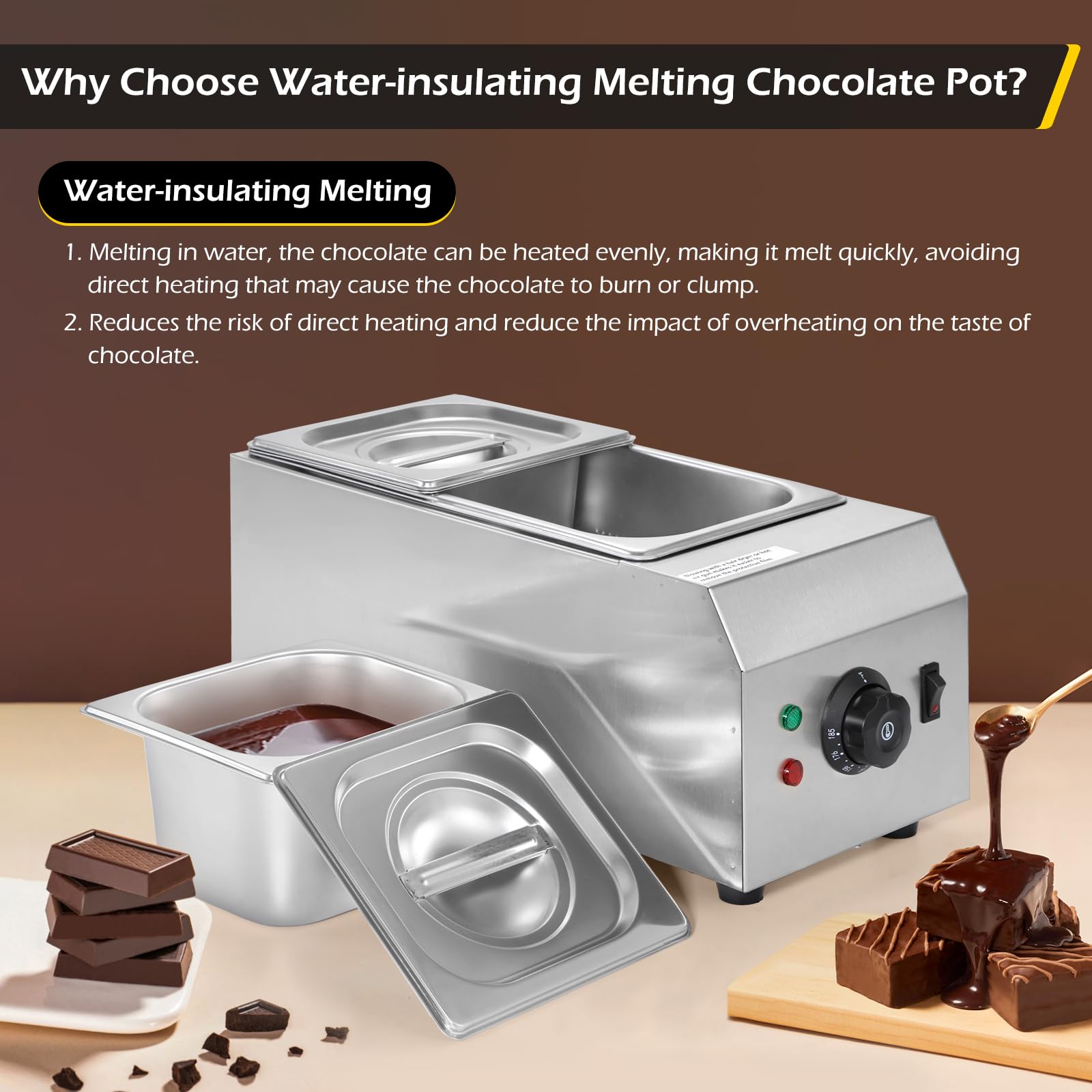 Dyna-Living 2-Tank Commercial Chocolate Melting Pot - 1000W Electric Chocolate Tempering Machine & Warmer for Milk, Coffee, Cheese - Perfect for Bakeries, Candy Shops & Home Chocolate Making
