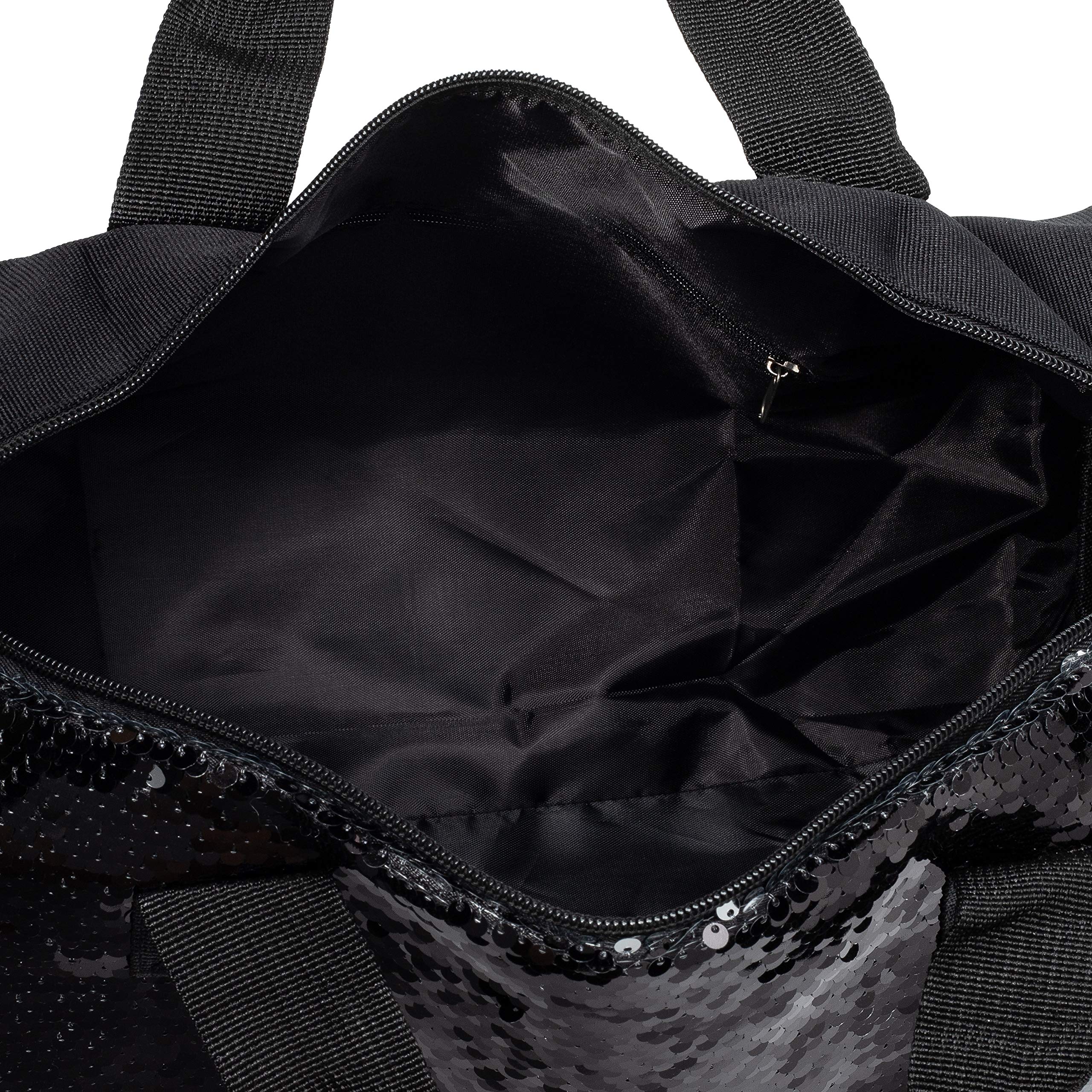 Reversible Sequin Dance Duffle Bag for Girls Kids Teens - Adjustable Carry On Weekender Travel Bag with Handy Pouch (16 Inch, Black Silver) | Perfect for Dance Classes, Sleepovers & Weekend Getaways