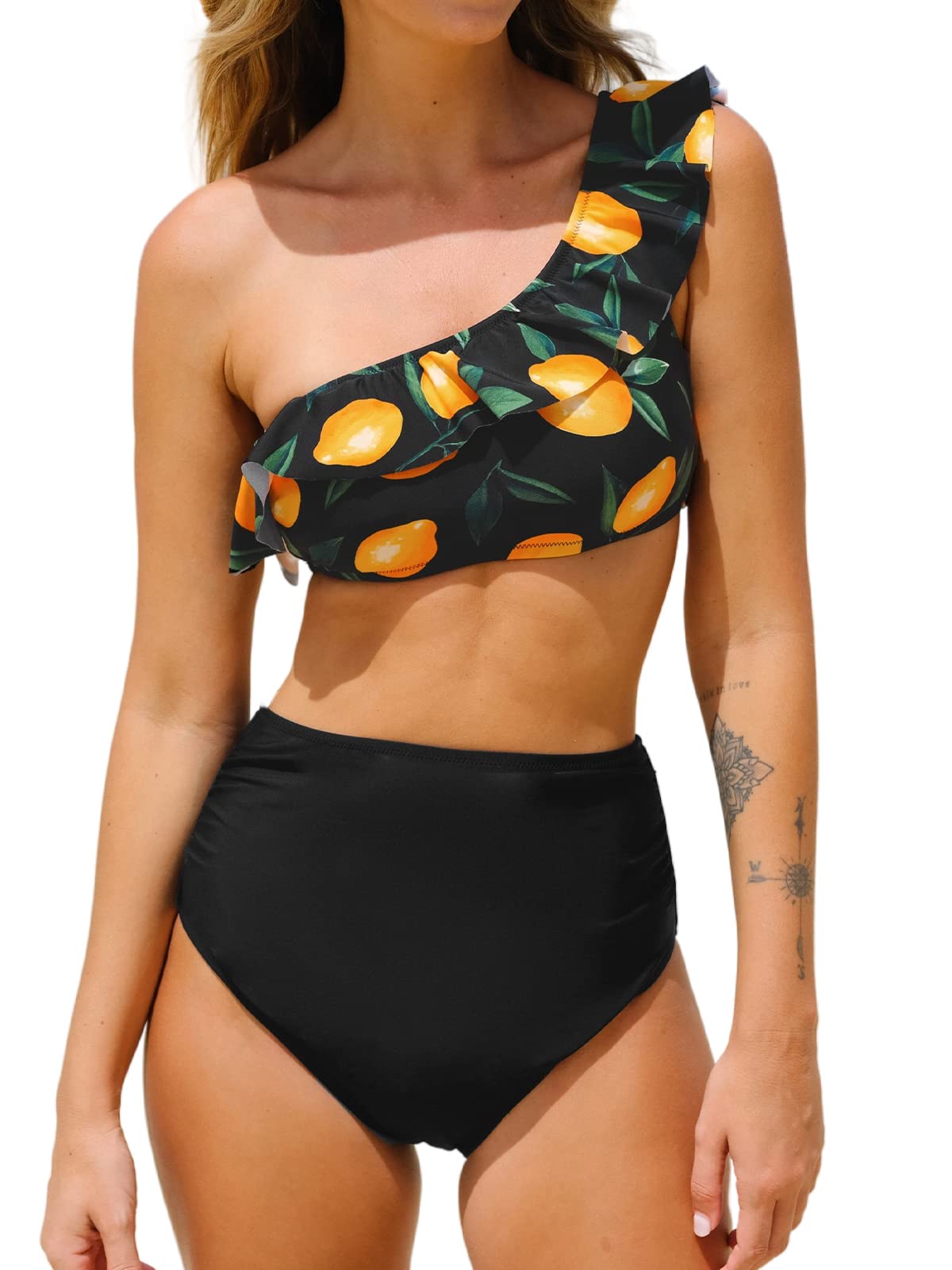 CUPSHE Women's High Waisted Bikini Set - Tummy Control One Shoulder Ruffle Bathing Suit | Swimwear for Beach, Pool & Vacation