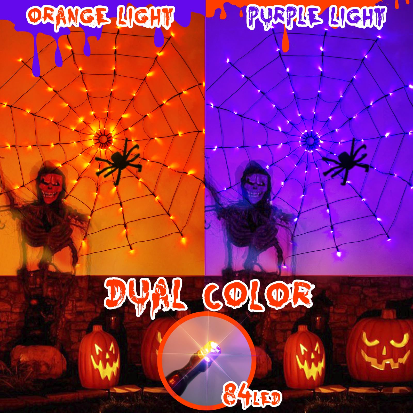 PABIPABI Halloween Spider Web Lights - 4FT Outdoor LED Web Decor with 84 Lights & 8 Lighting Modes - Orange & Purple Halloween Party Decorations for Yard, Haunted House, Bar, and Outdoor Halloween Displays