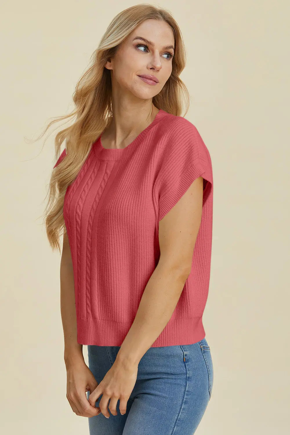 Double Take Full Size Cable Knit Round Neck Short Sleeve Sweater for Women - Cozy Casual Pullover Top for Fall & Winter - Perfect for Office, Date Night and Weekend Outings