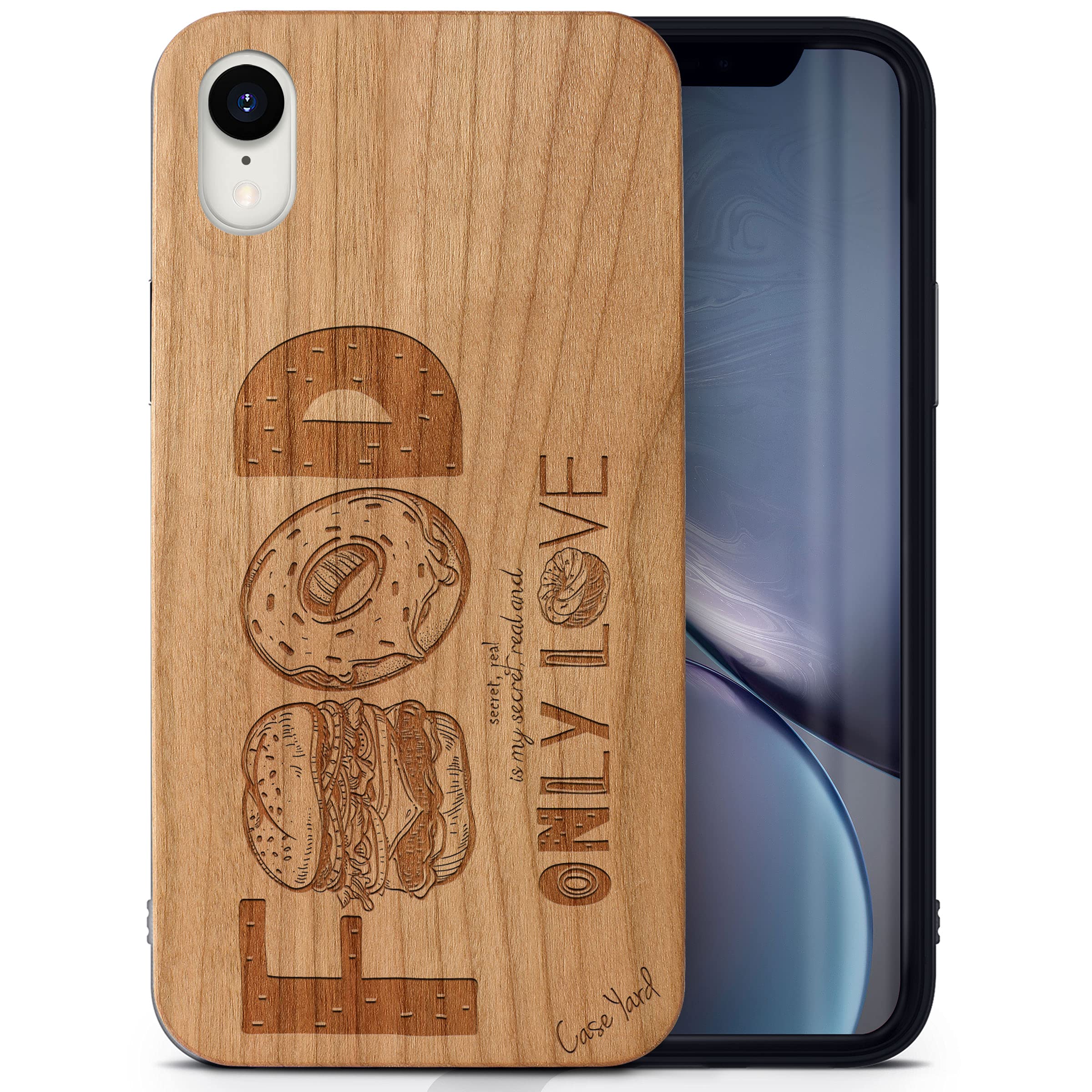 CaseYard Wood Phone Case for iPhone XR - Laser Engraved 'Food is Love' Design in Cherry Wood | Slim Fit, Shockproof Protective Cover for Men & Women | Perfect for Daily Use, Travel & Gift Giving